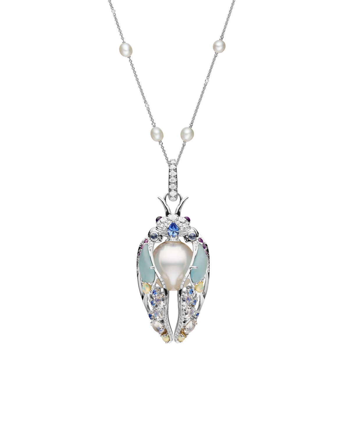 Blue Moon Cicada Pearl Pendant | 11mm Oval Pearl, Blue Sapphires, and White Gold