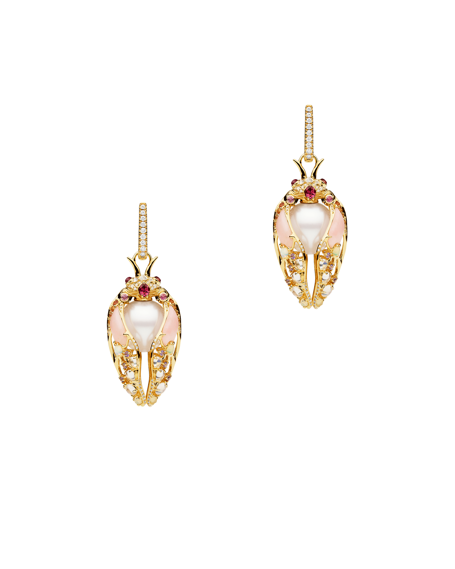 Blushing Cicada Pearl Earrings | 11mm Oval Pearls, Pink Opal, and Yellow Gold