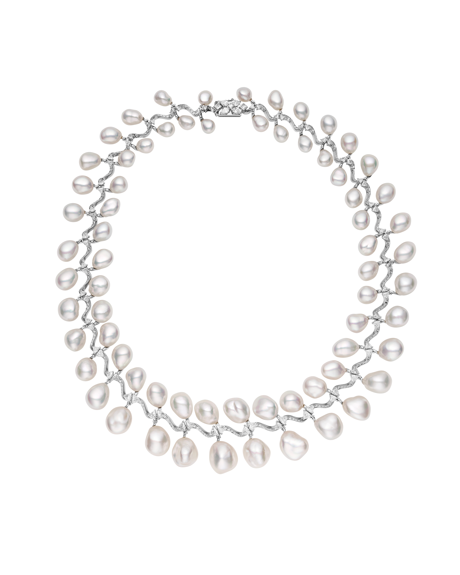 Wreath Pearl Collier | 9-14mm Round Pearls, Diamonds, and Platinum