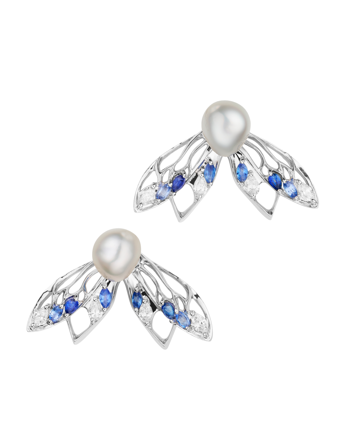 Blue Moon Cicada Pearl Stud Earrings | 8mm Keshi Pearls, Blue Sapphires, Diamonds, and White Gold