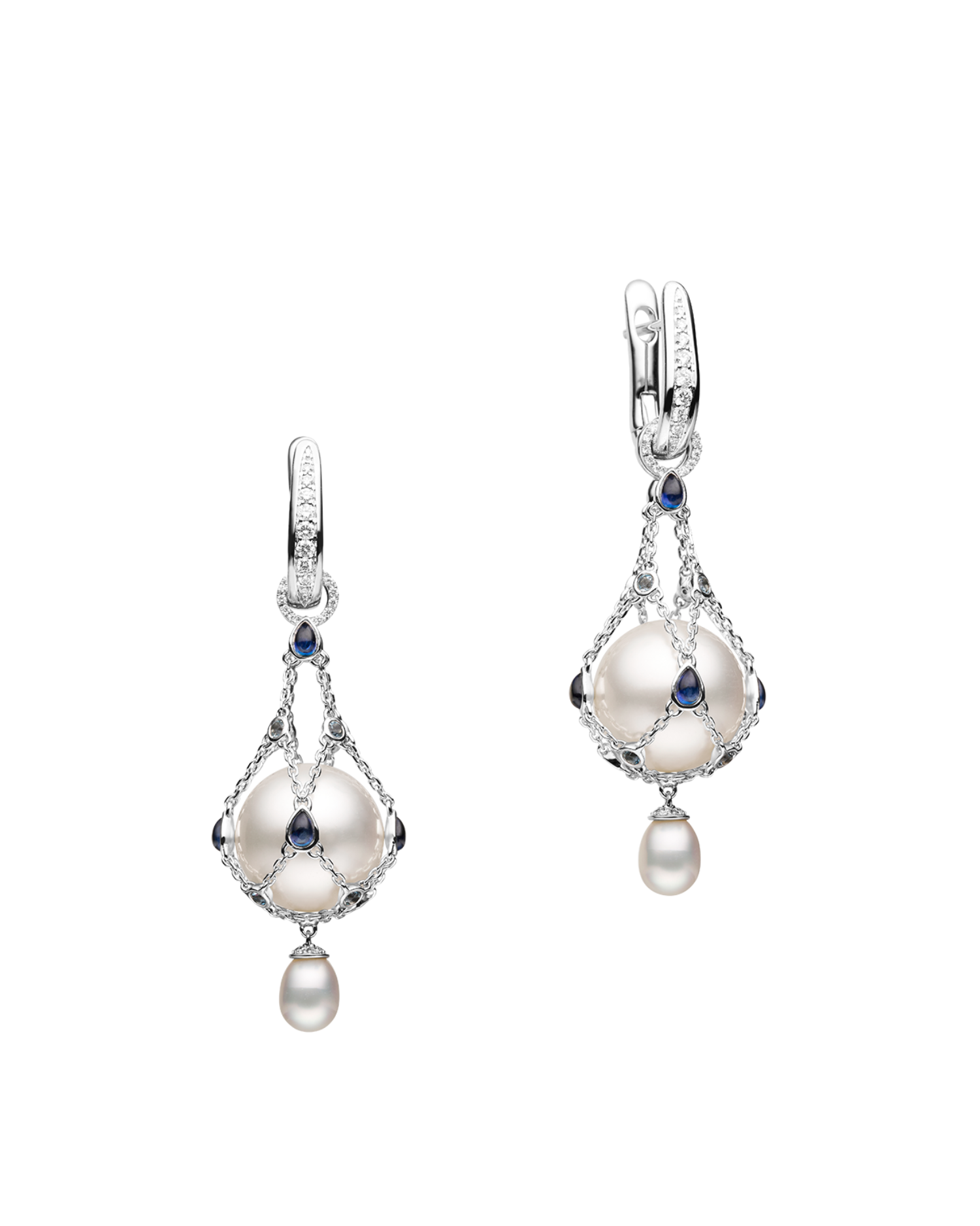 Blue Sapphire Lavalier Pearl Earrings | 12mm Button Pearls, Blue Sapphires, and White Gold