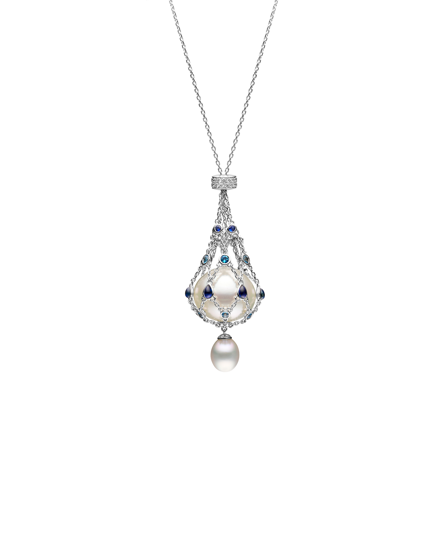 Blue Sapphire Lavalier Pearl Necklace | 15mm Button Pearl, Blue Sapphires, and White Gold