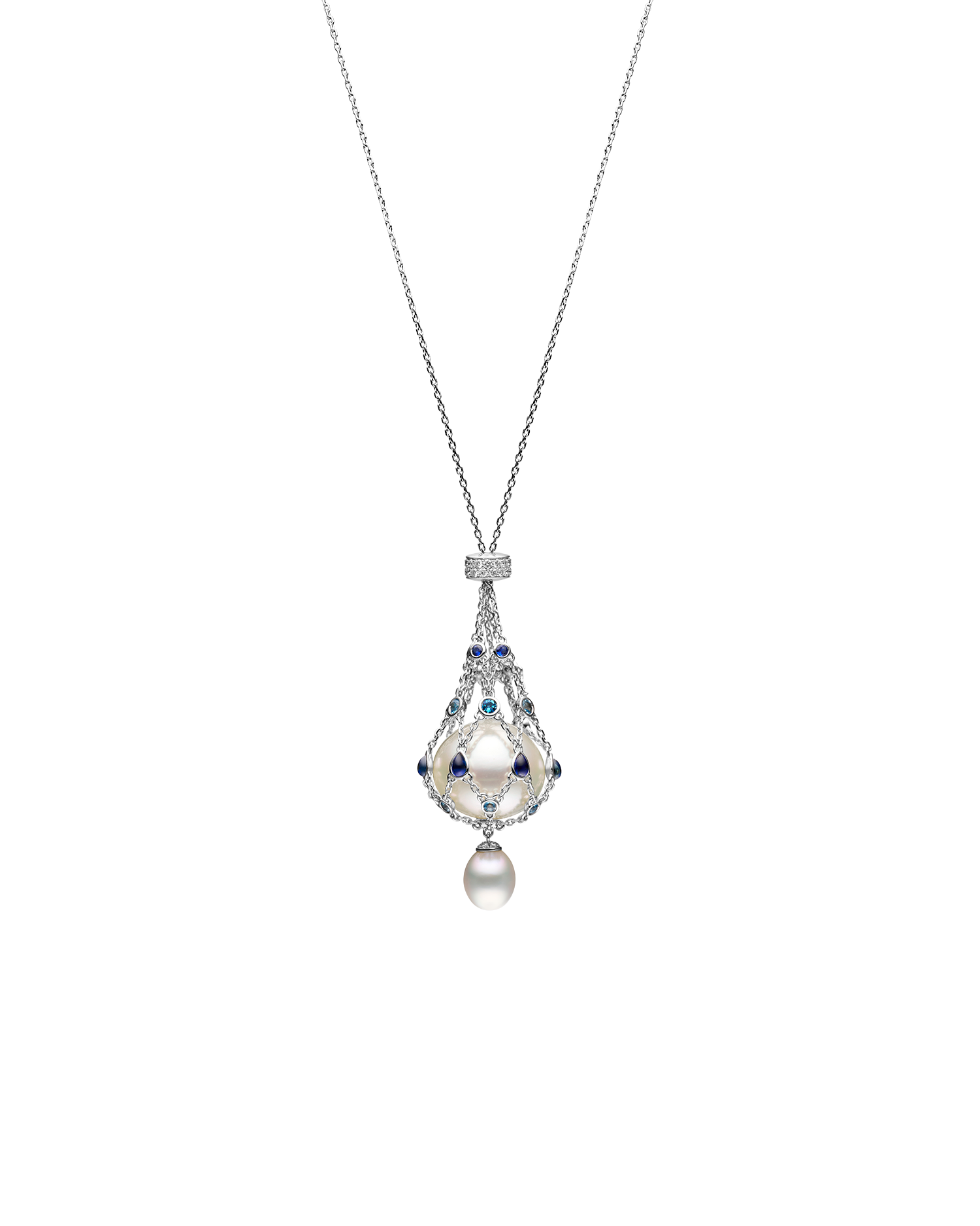 Blue Sapphire Lavalier Pearl Necklace | 15mm Button Pearl, Blue Sapphires, and White Gold