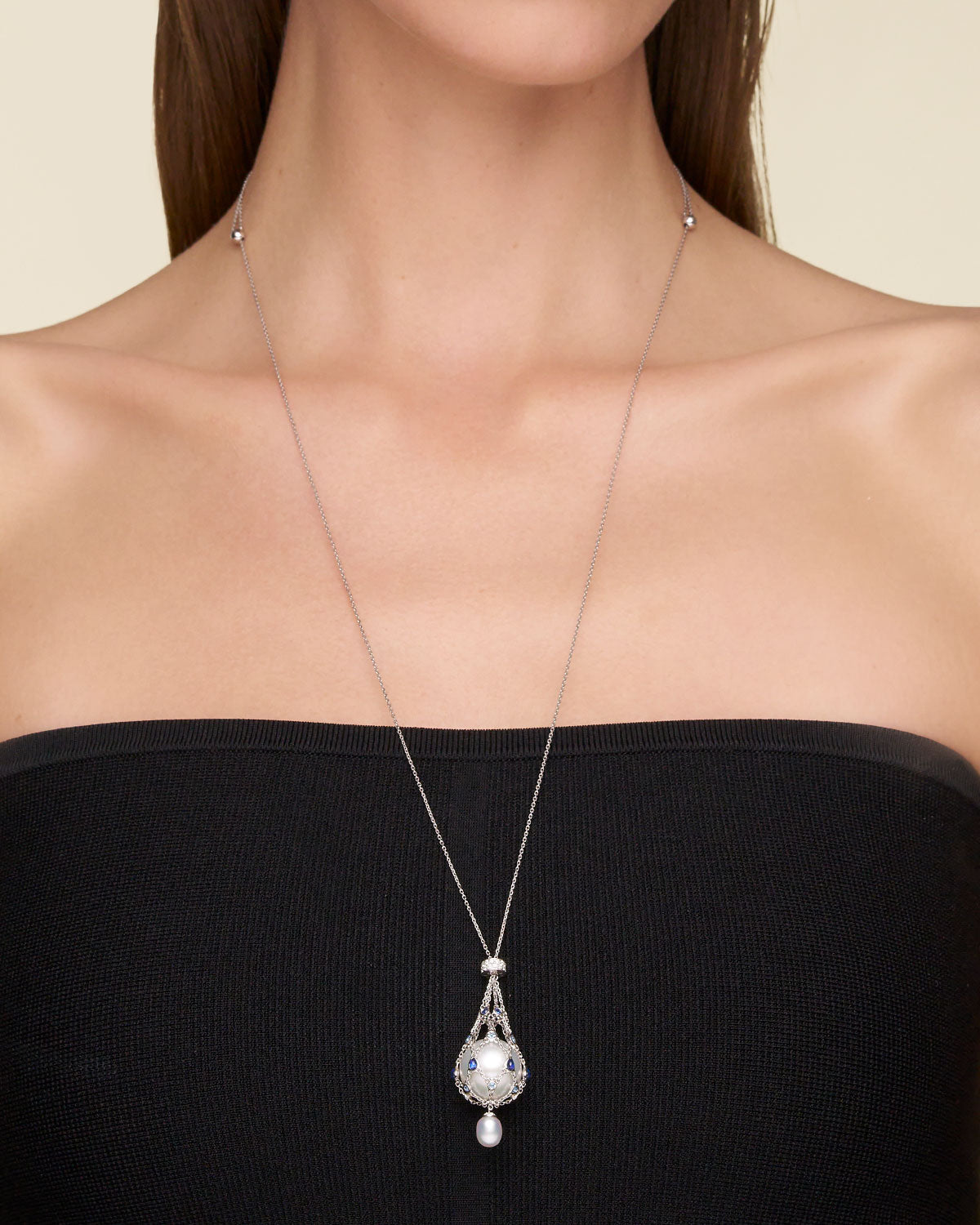 Blue Sapphire Lavalier Pearl Necklace wg On Body DH20N24WPR15 H20N24WKQ06 H18Q01PR15