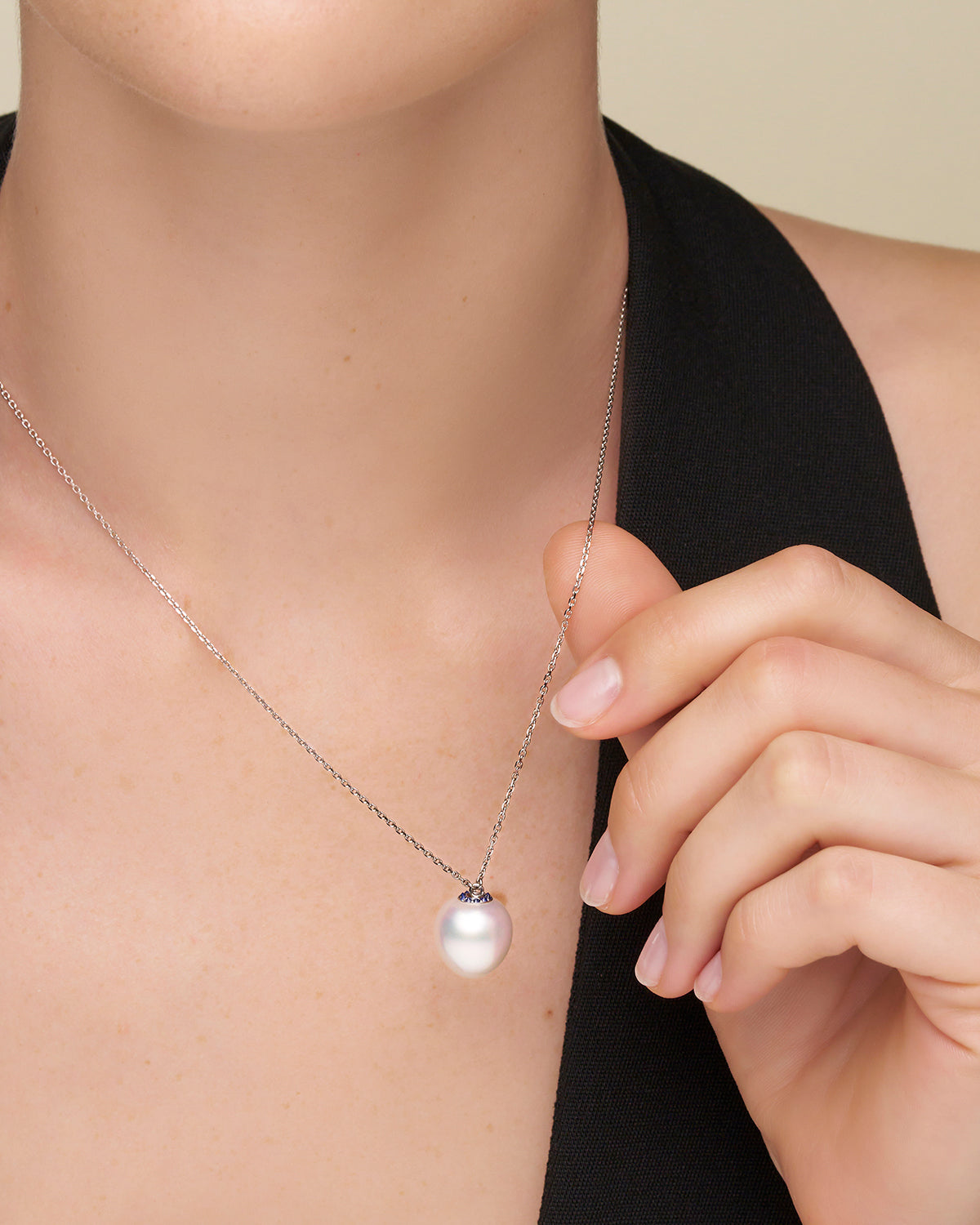 Blue Sapphire Touchstone Single Pearl Necklace On Body V19N08WPT13