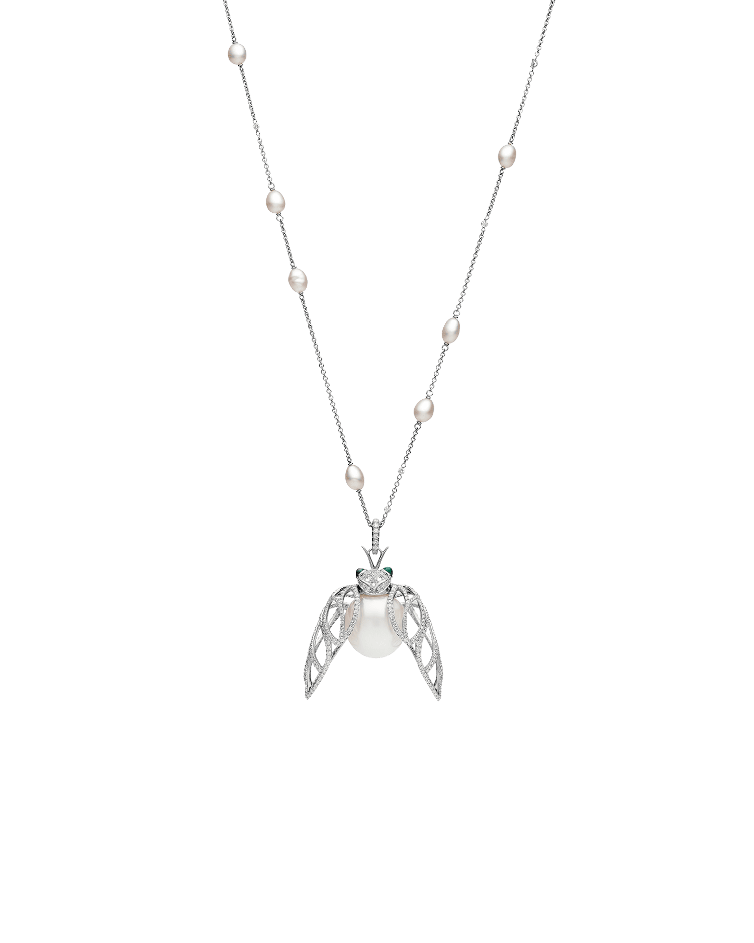 Diamond Cicada Pearl Pendant | 16mm Oval Pearl, Diamonds, and White Gold 3