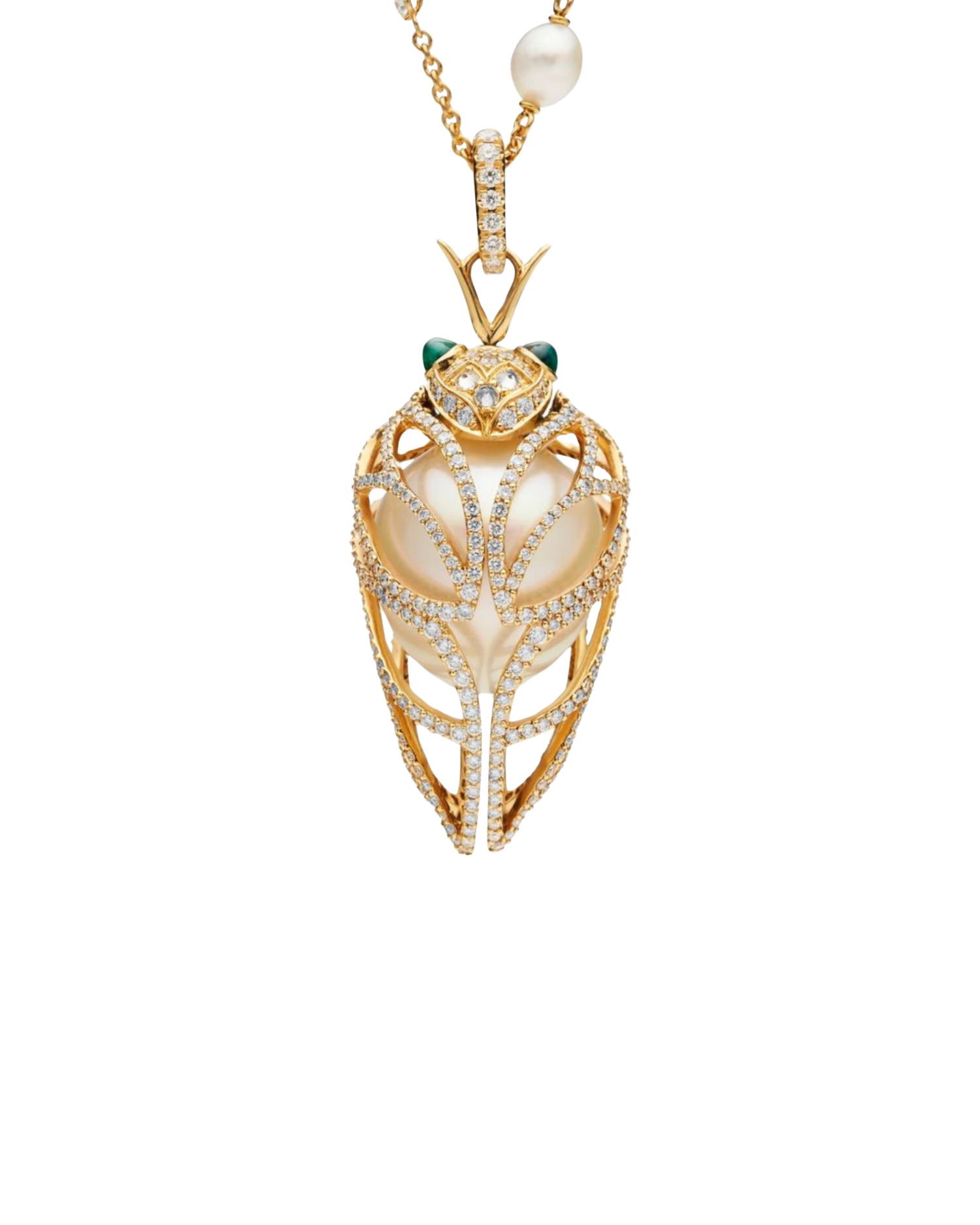 Diamond Cicada Pearl Pendant | 16mm Oval Pearl, Diamonds, and Yellow Gold 1