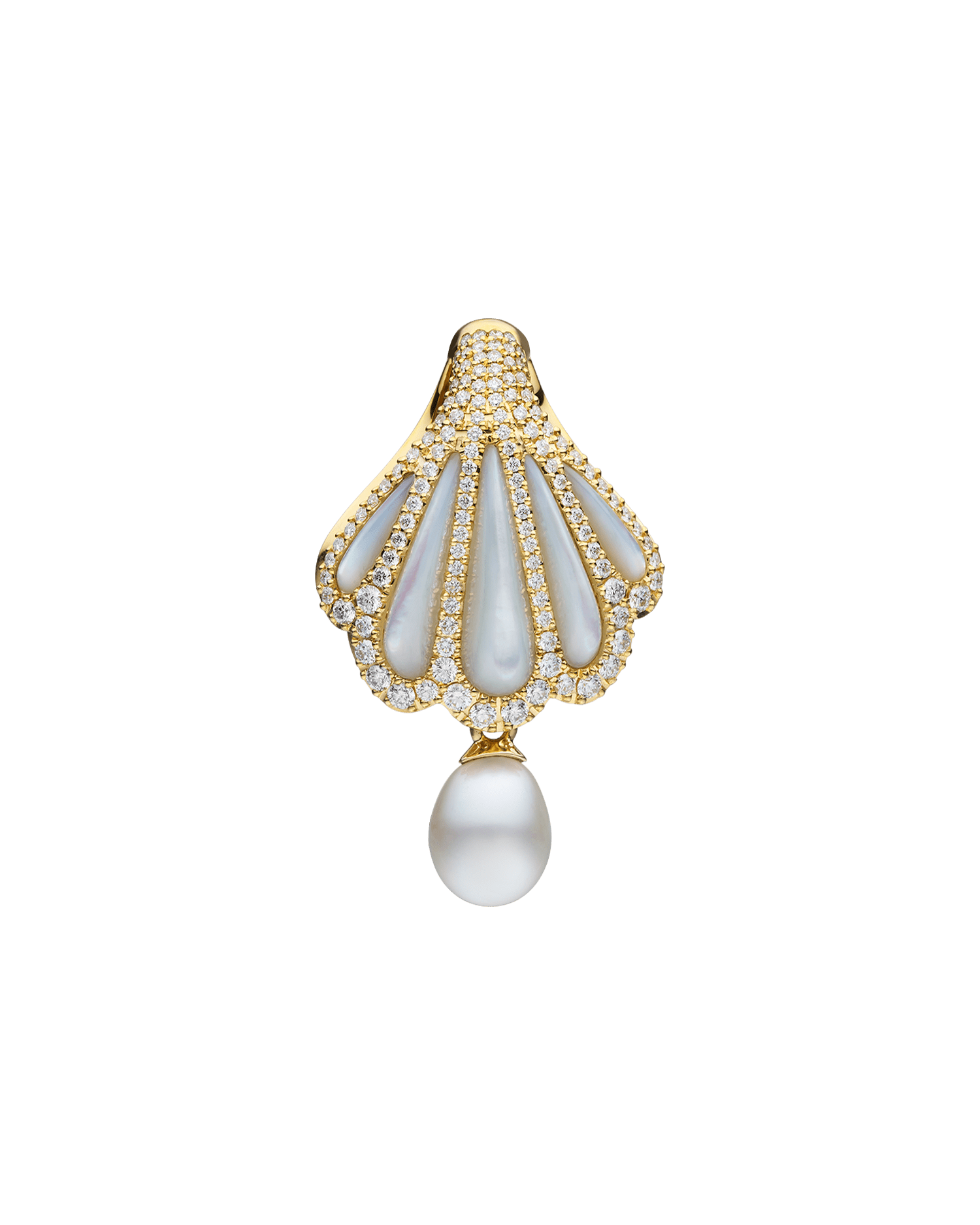 Clam Shell Diamond Pearl Pendant | Mother of Pearl, 6mm Keshi Pearl, Diamonds, and Yellow Gold
