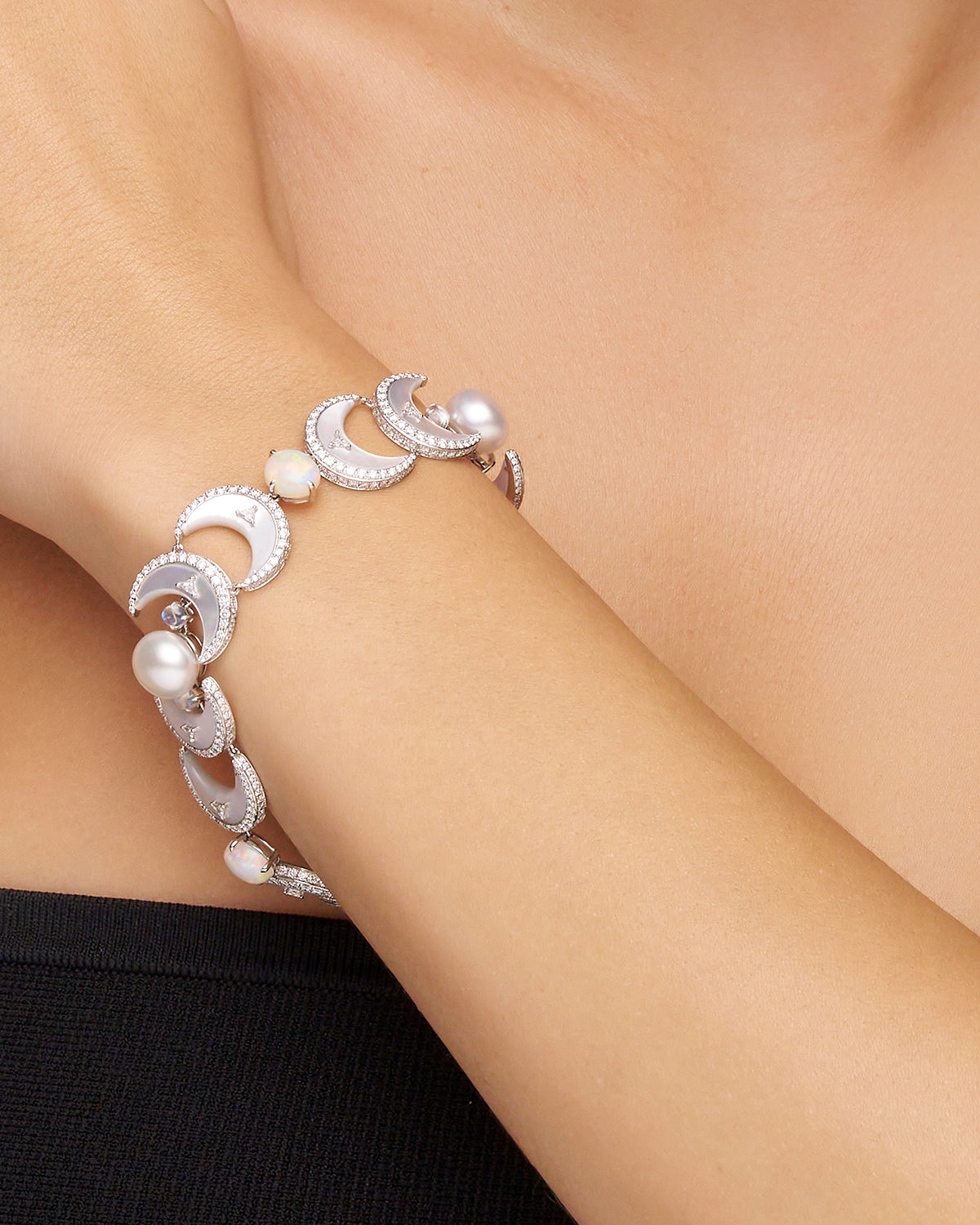Crescent Moon Pearl Bracelet | 9mm Keshi Pearls, White Opals, and Whit