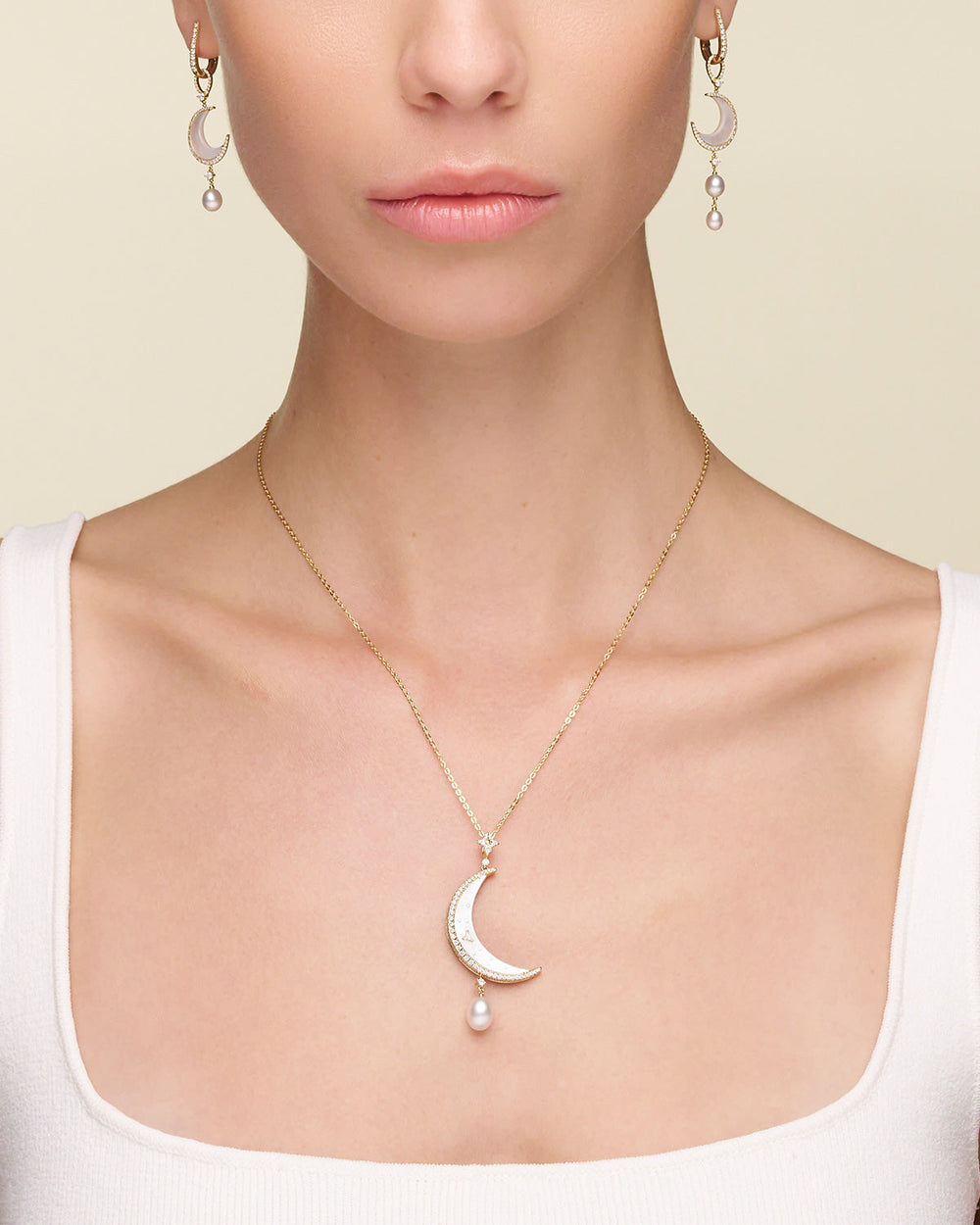 Crescent Moon Pearl Pendant | 7mm Keshi Pearl, Diamonds, and Yellow Go