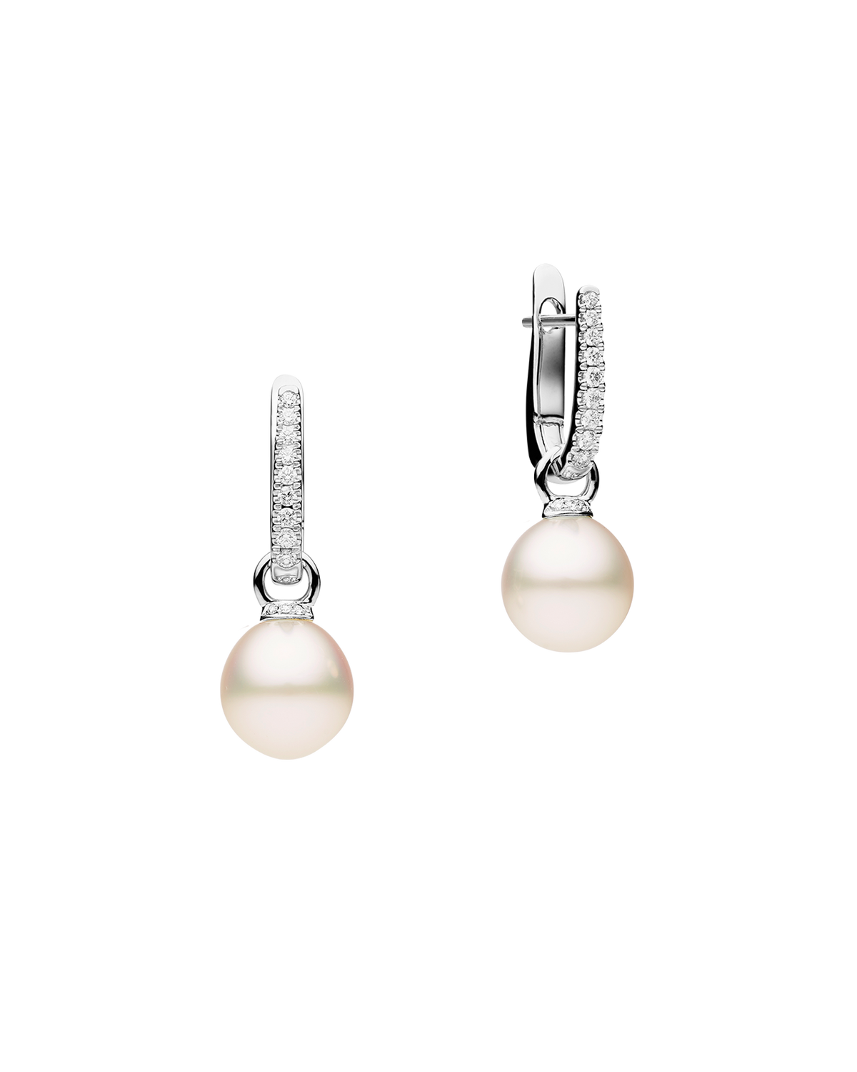 Diamond Pearls My Way Earrings | 10mm Oval Pearls, Diamonds, and White Gold
