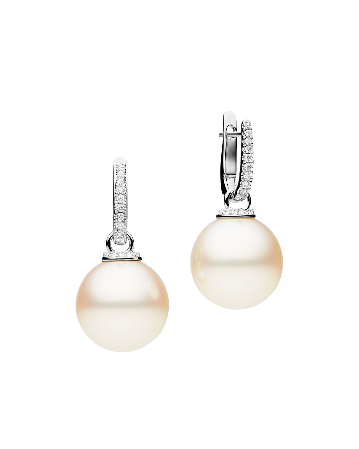 Diamond Pearls My Way Earrings | 15mm Round Pearls, Diamonds, and White Gold