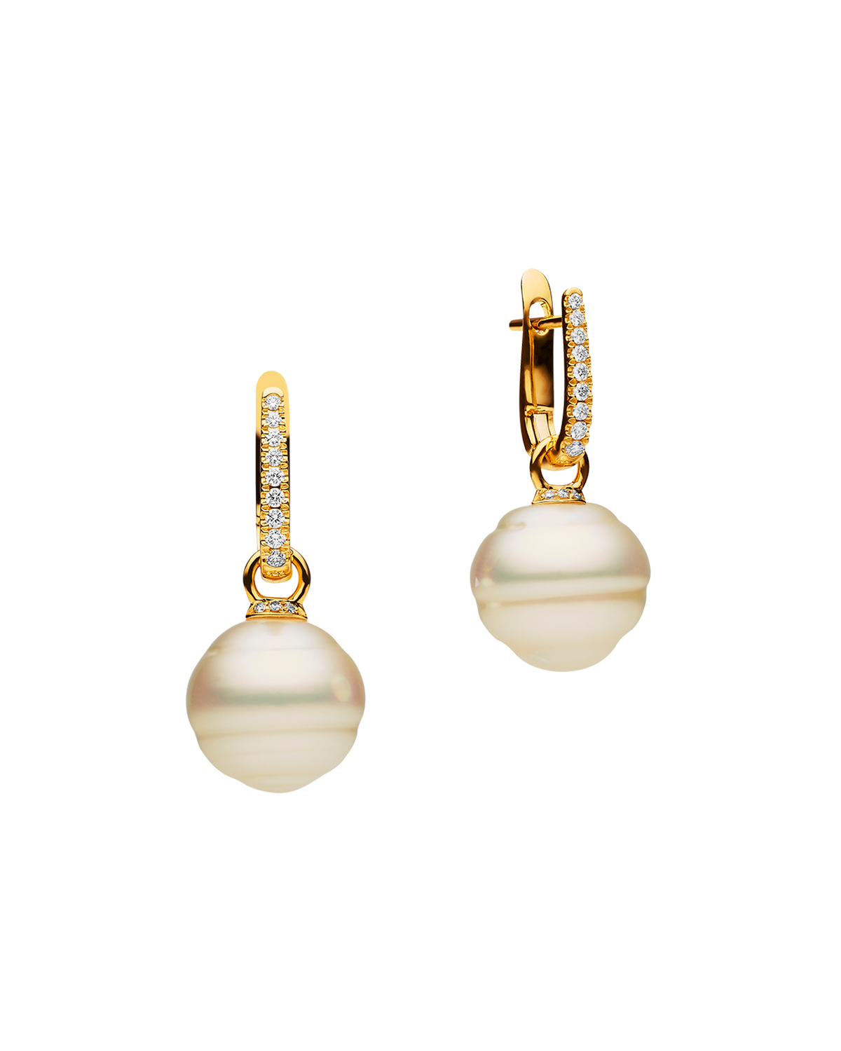 Diamond Pearls My Way Earrings | 14mm Circle Pearls, Diamonds, and Yellow Gold