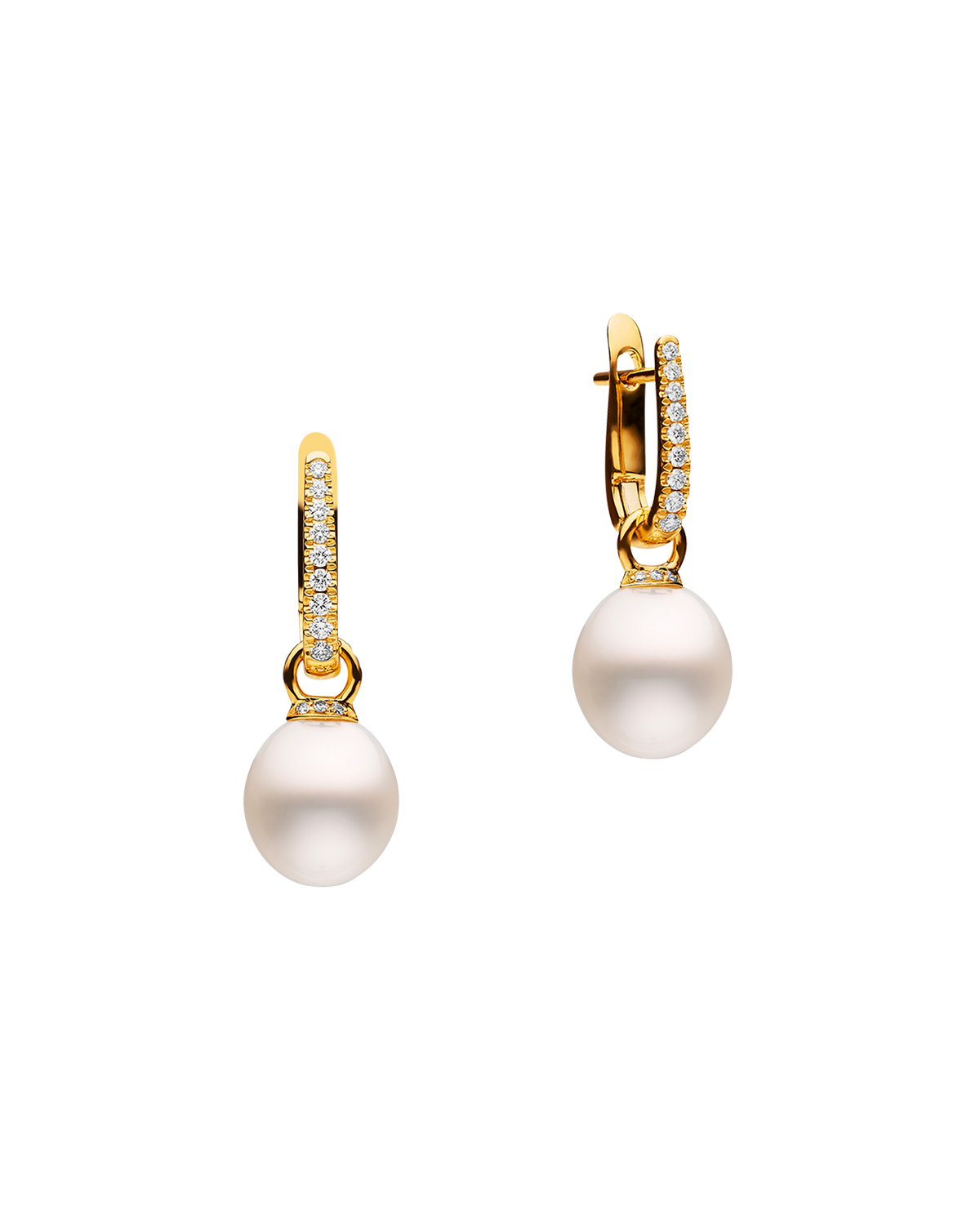 Diamond Pearls My Way Earrings | 10mm Oval Pearls, Diamonds, and Yellow Gold