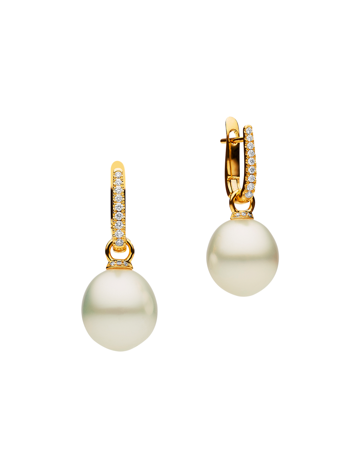 Diamond Pearls My Way Earrings | 14mm Oval Pearls, Diamonds, and Yellow Gold