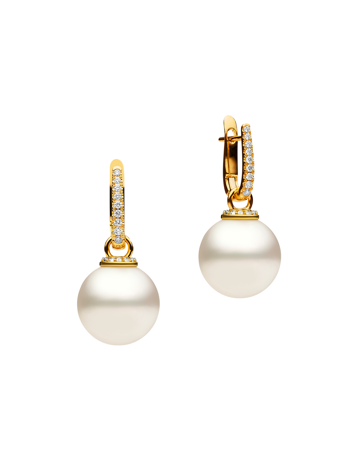 Diamond Pearls My Way Earrings | 14mm Round Pearls, Diamonds, and Yellow Gold