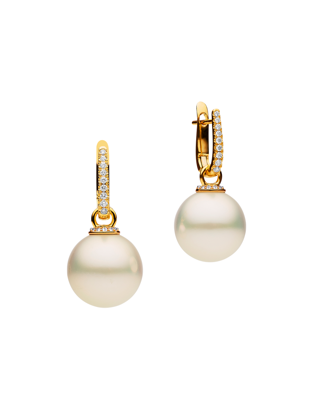 Diamond Pearls My Way Earrings | 15mm Round Pearls, Diamonds, and Yellow Gold