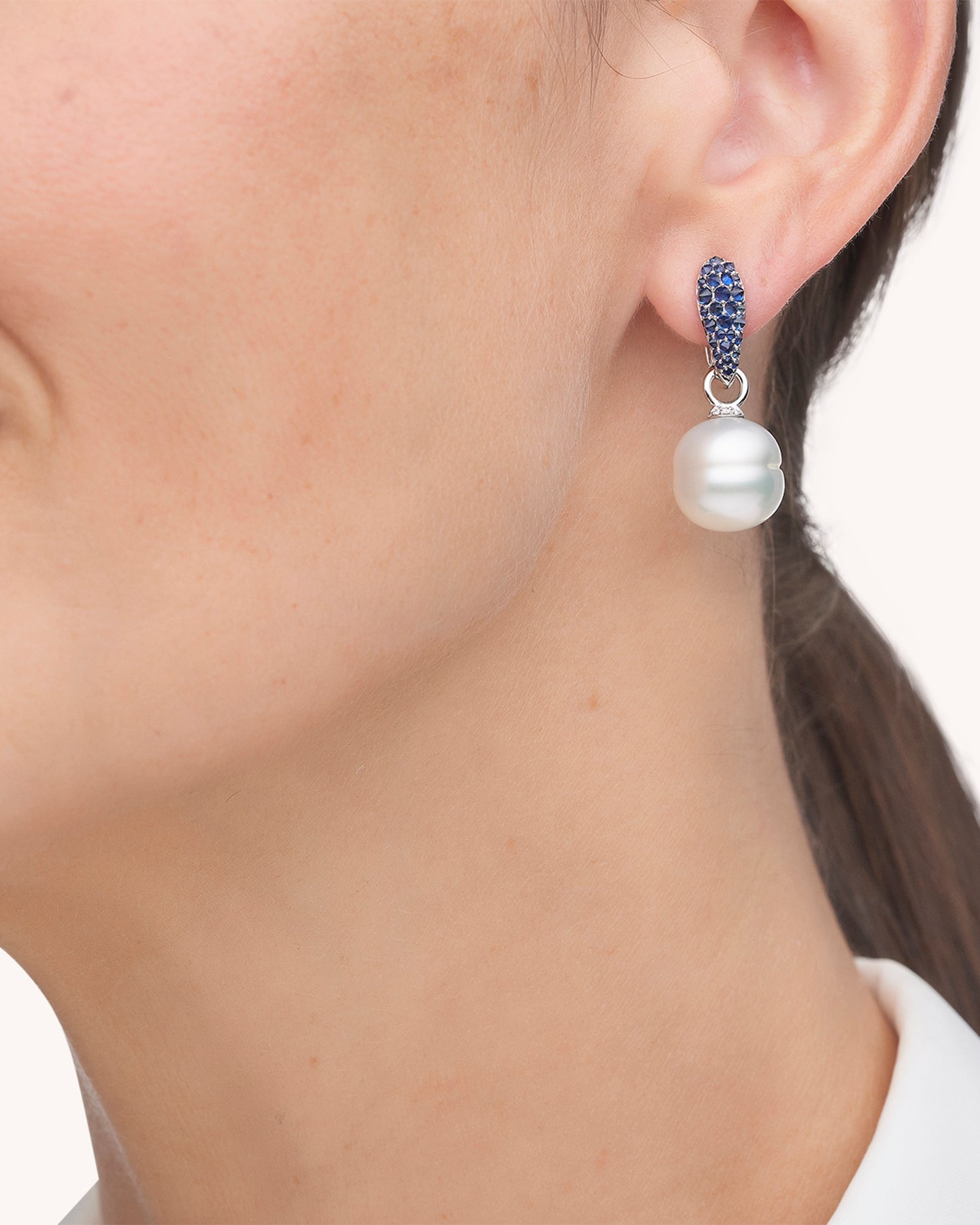 Blue Sapphire Touchstone Pearls My Way Earrings | 12mm Circle Pearls, Blue Sapphires, and White Gold 2