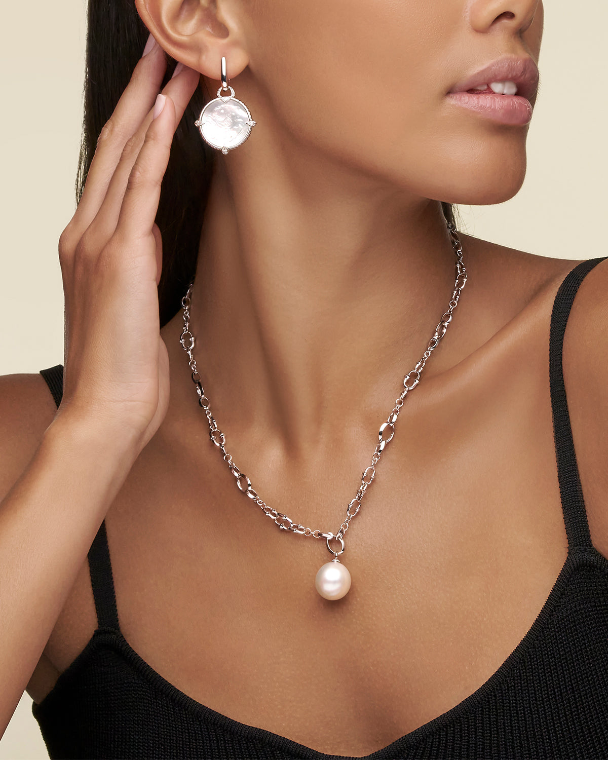 Pearl Charm Necklace | 13mm Oval Pearl and White Gold