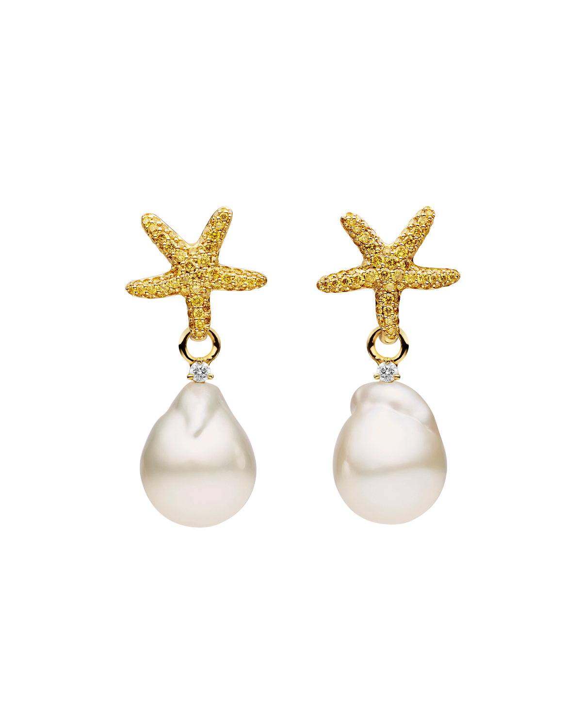 Yellow Diamond Starfish Pearls My Way Earrings | 14mm Baroque Pearls, Yellow Diamonds, and Yellow Gold