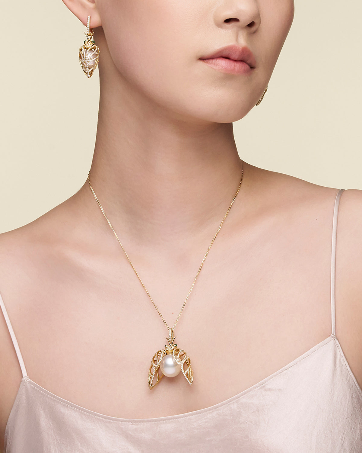 Paspaley Diamond Cicada Pearl Earrings On Body Y18E30YPD13 Necklace Y18P32YPO16