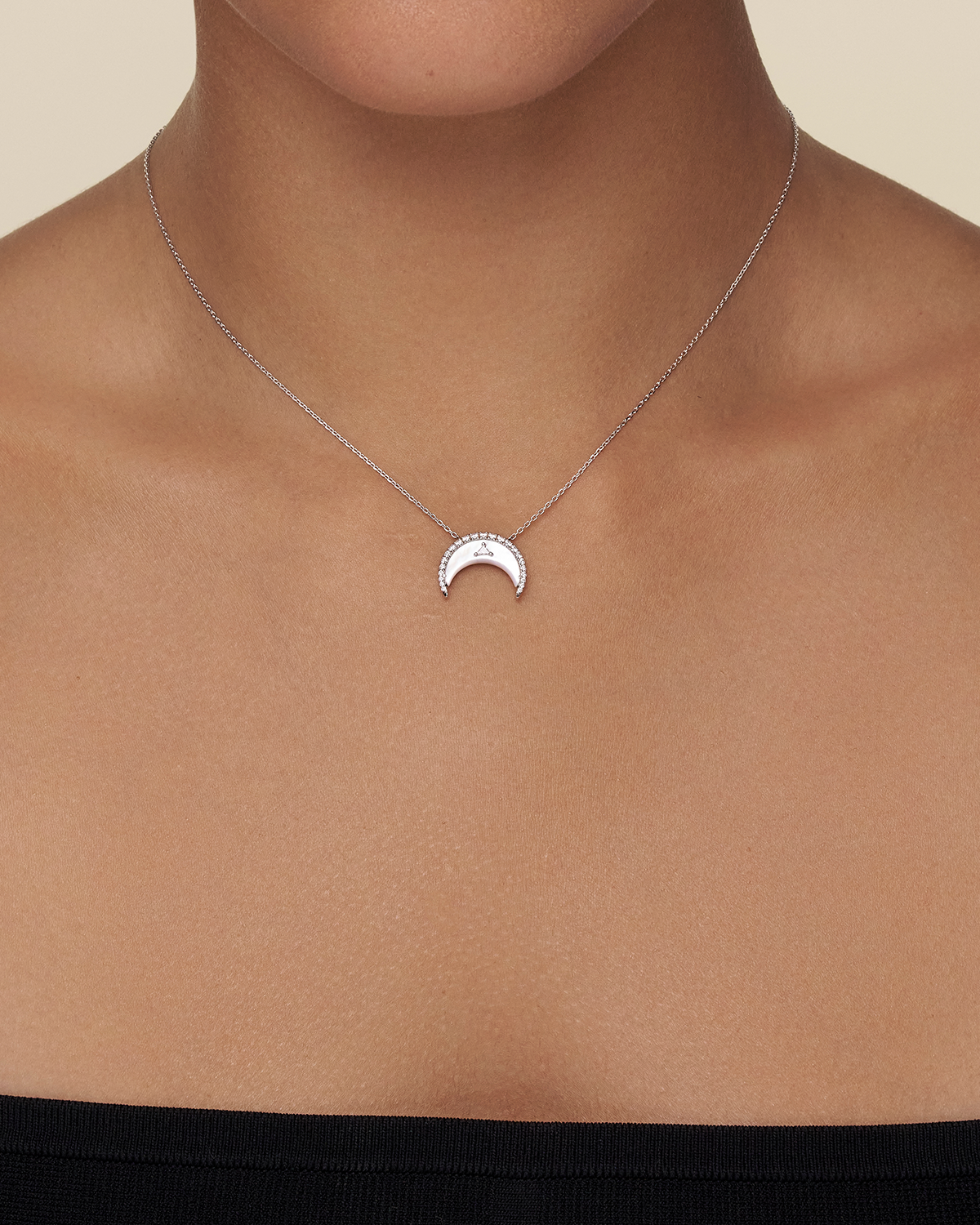 Diamond Crescent Moon Necklace Mother of Pearl Diamonds and white gold on body f23n02w
