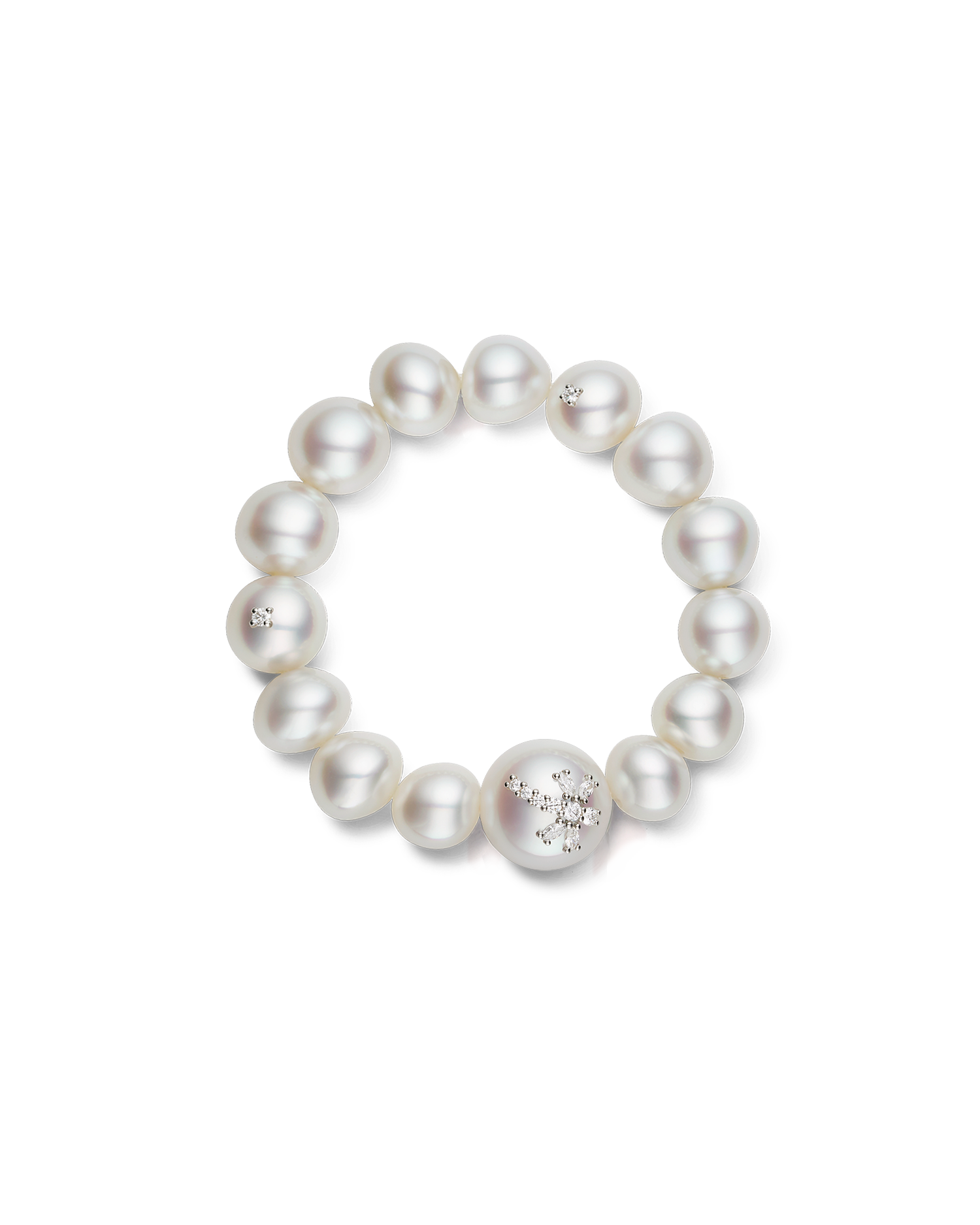 Diamond Dragonfly Pearl Bracelet | 12-17mm Pearls, Diamond, and Platinum