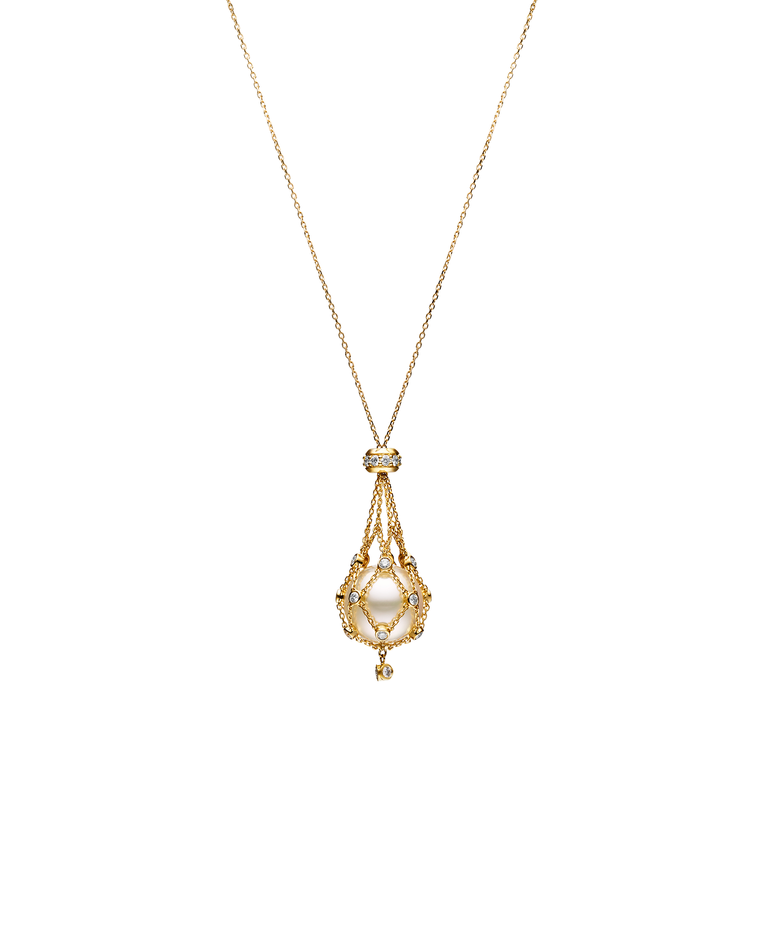Diamond Lavalier Pearl Necklace | 15mm Round Pearl, Diamonds, and Yellow Gold