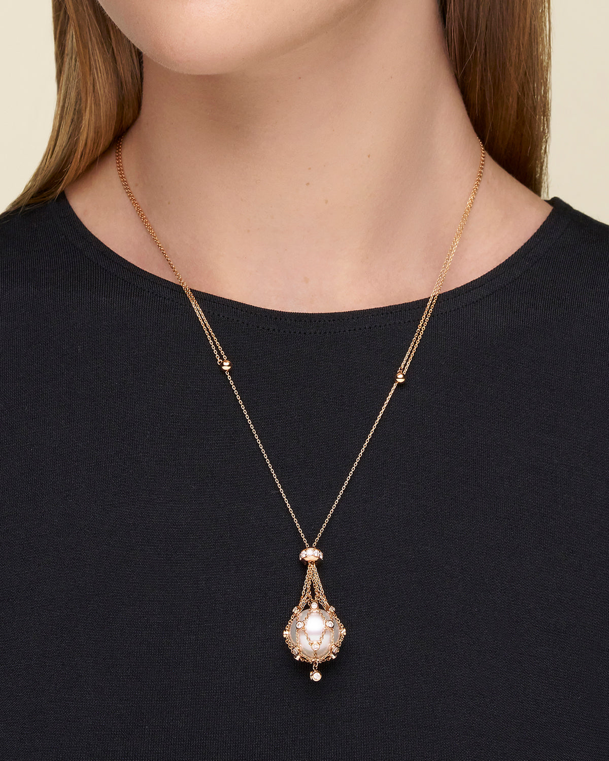 Diamond Lavalier Pearl Necklace On Body DH17N17RPB15 SKU H17N17R83 H13Q01PB15