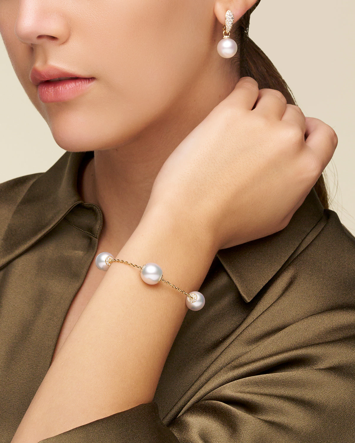 Diamond Touchstone Pearl Bracelet On Body V19B10YPO12 Diamond Touchstone Pearls My Way Earrings On Body DYPR12C16E10Y SKU C16E10Y C16AE03YPR12