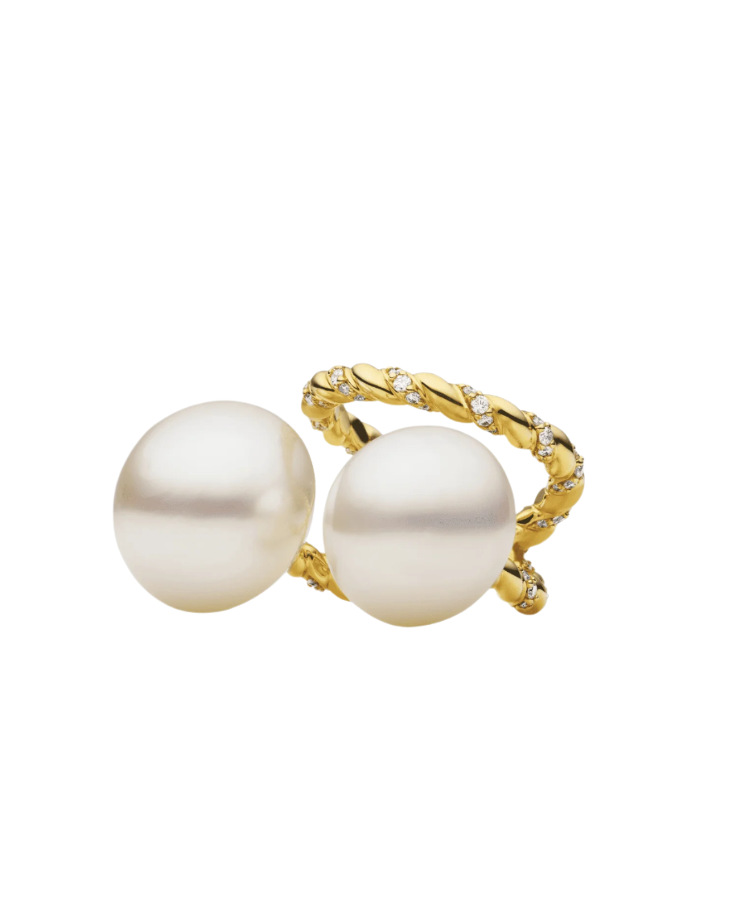 Diamond Entwined Rope Double Pearl Ring | 13-17mm Button Pearl, Diamonds and Yellow Gold 2