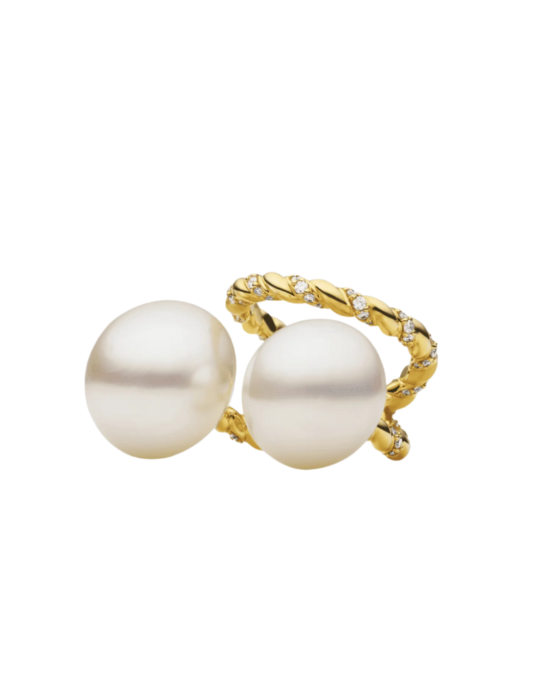 Diamond Entwined Rope Double Pearl Ring | 13-17mm Button Pearl, Diamon