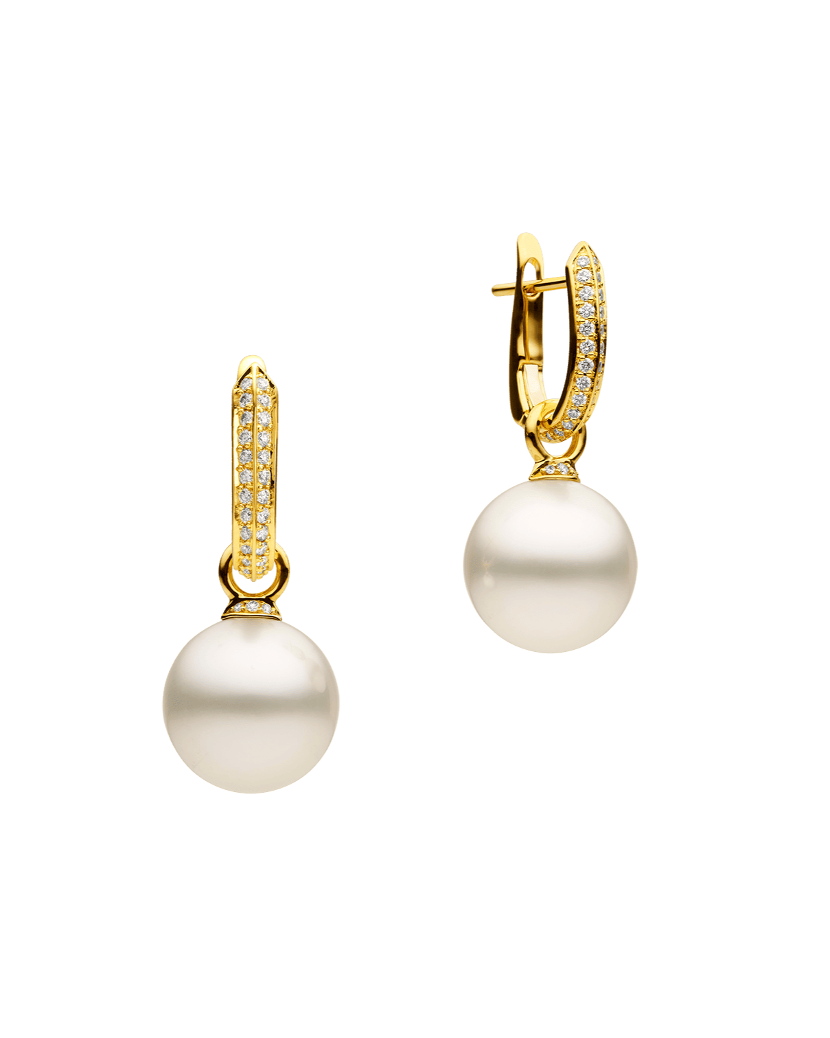 Diamond Keel Edge Pearls My Way Earrings | 12mm Round Pearls, Diamonds, and Yellow Gold