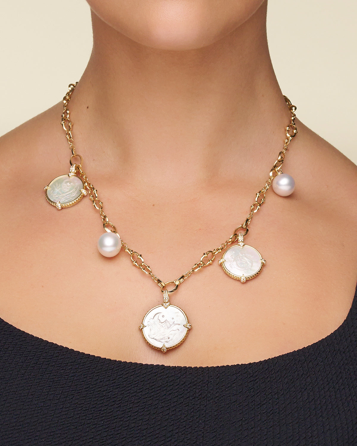 Dive Chain Necklace On Body D21N01Y Petite Mermaid Coin Charm On Body D21A01Y Seascape Coin Charm On Body D21A04Y Petite Guided by Stars Coin D21A02Y