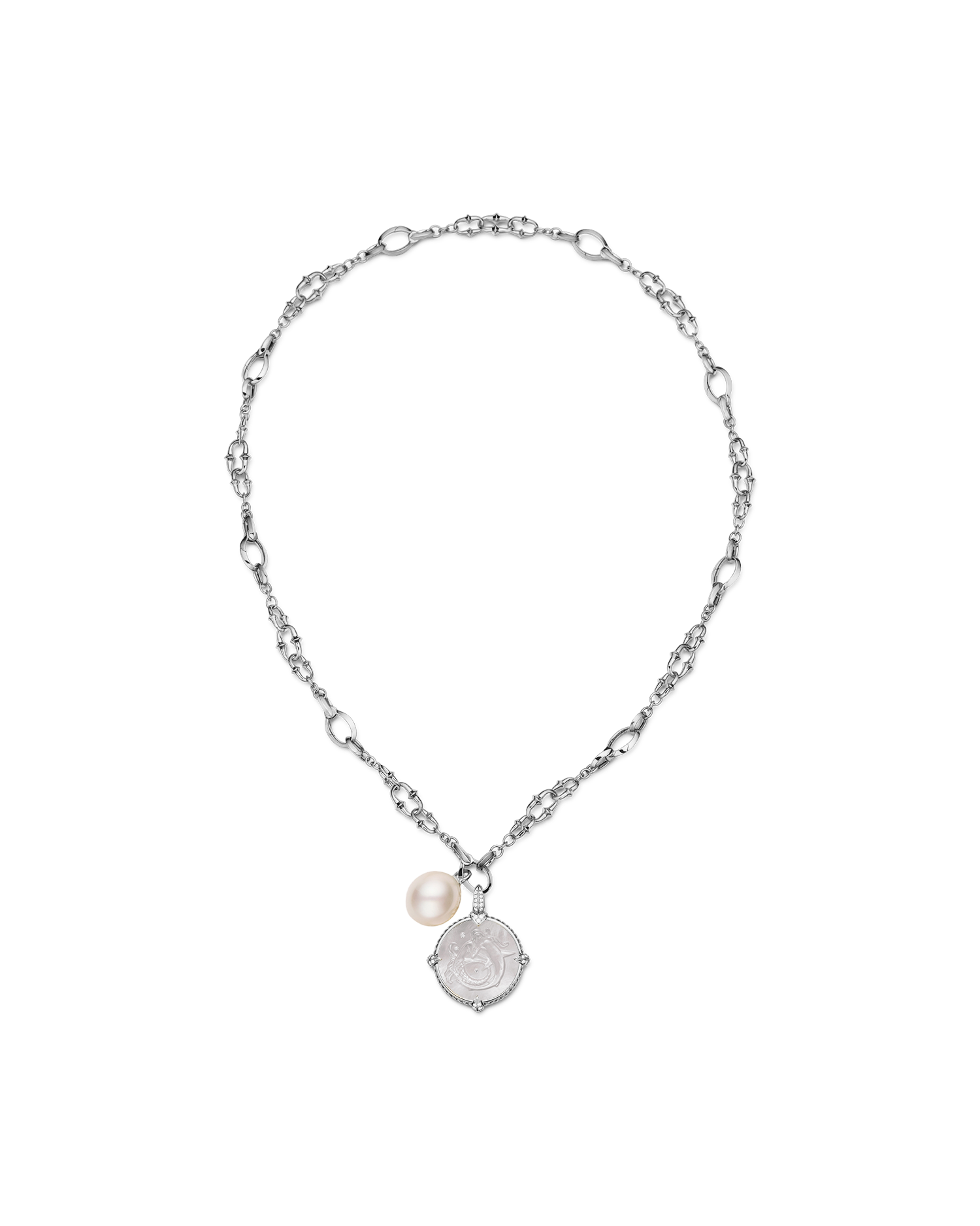Coin Charm Pearl Necklace | 13mm Oval Pearl, Mother of Pearl, and White Gold