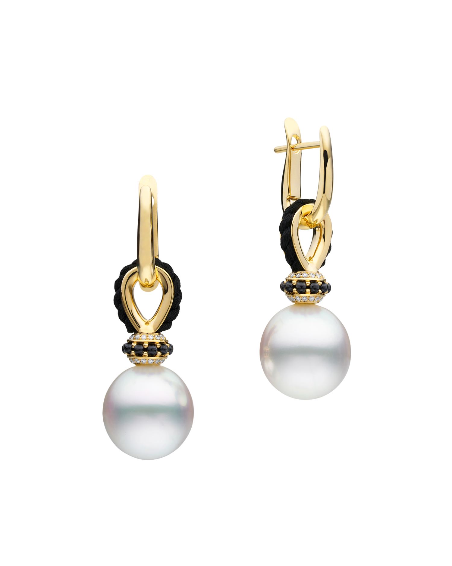 Dive Thimble Drop Pearl Earrings | 12mm Oval Pearl, Black Spinel, and Yellow Gold