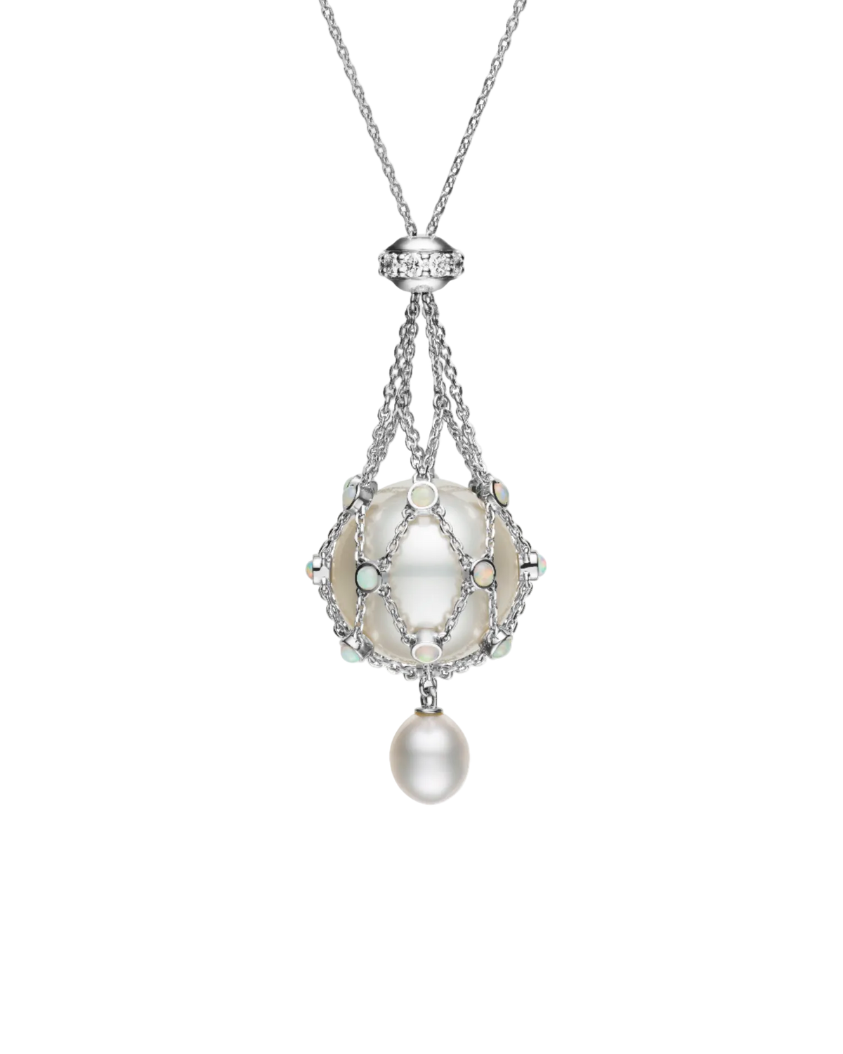 Opal Lavalier Pearl Necklace | 6-15mm Pearls, Opals, and White Gold