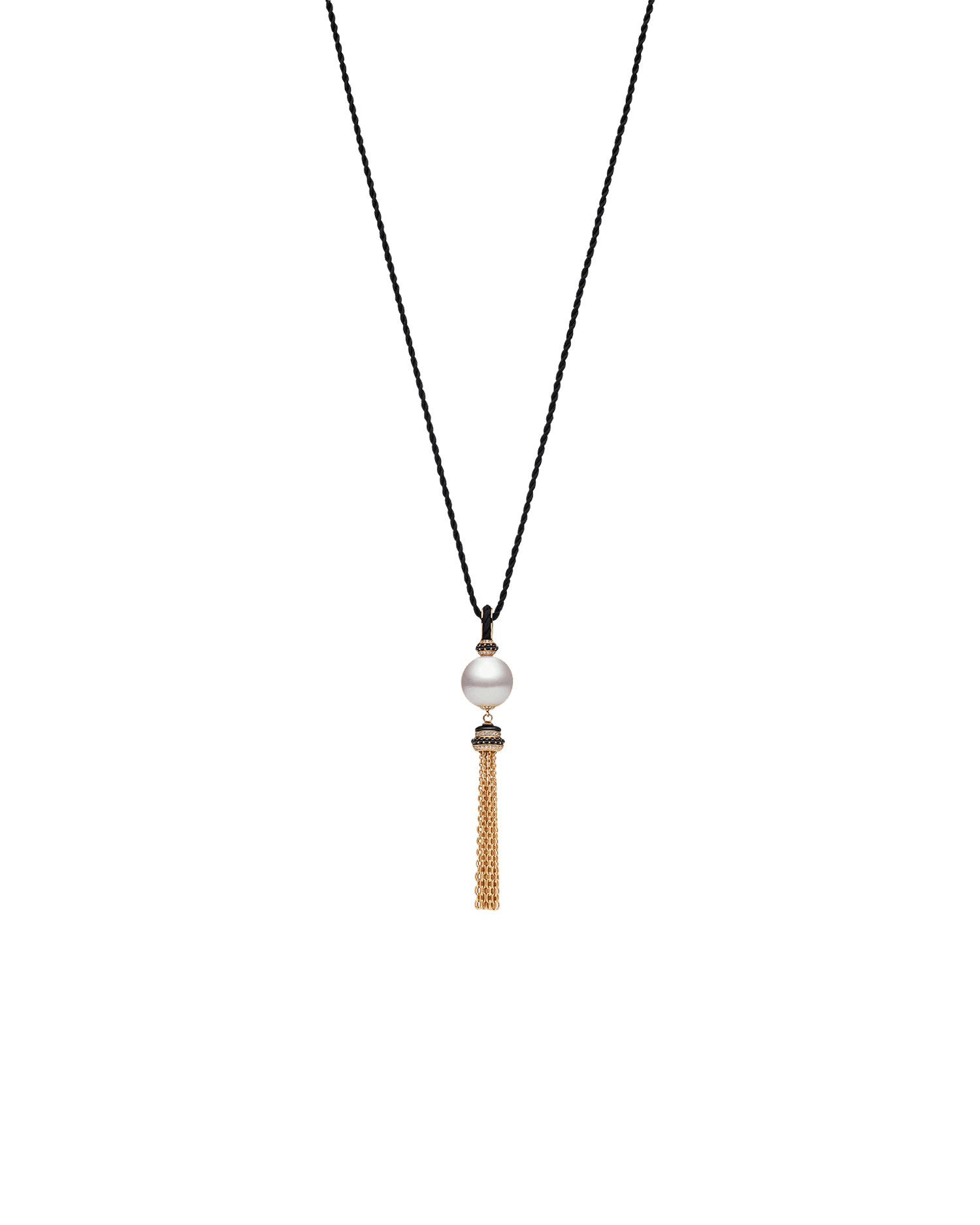 Tassel Pearl Pendant | 14mm Semi-Round Pearl, Black Spinel and Yellow Gold 2