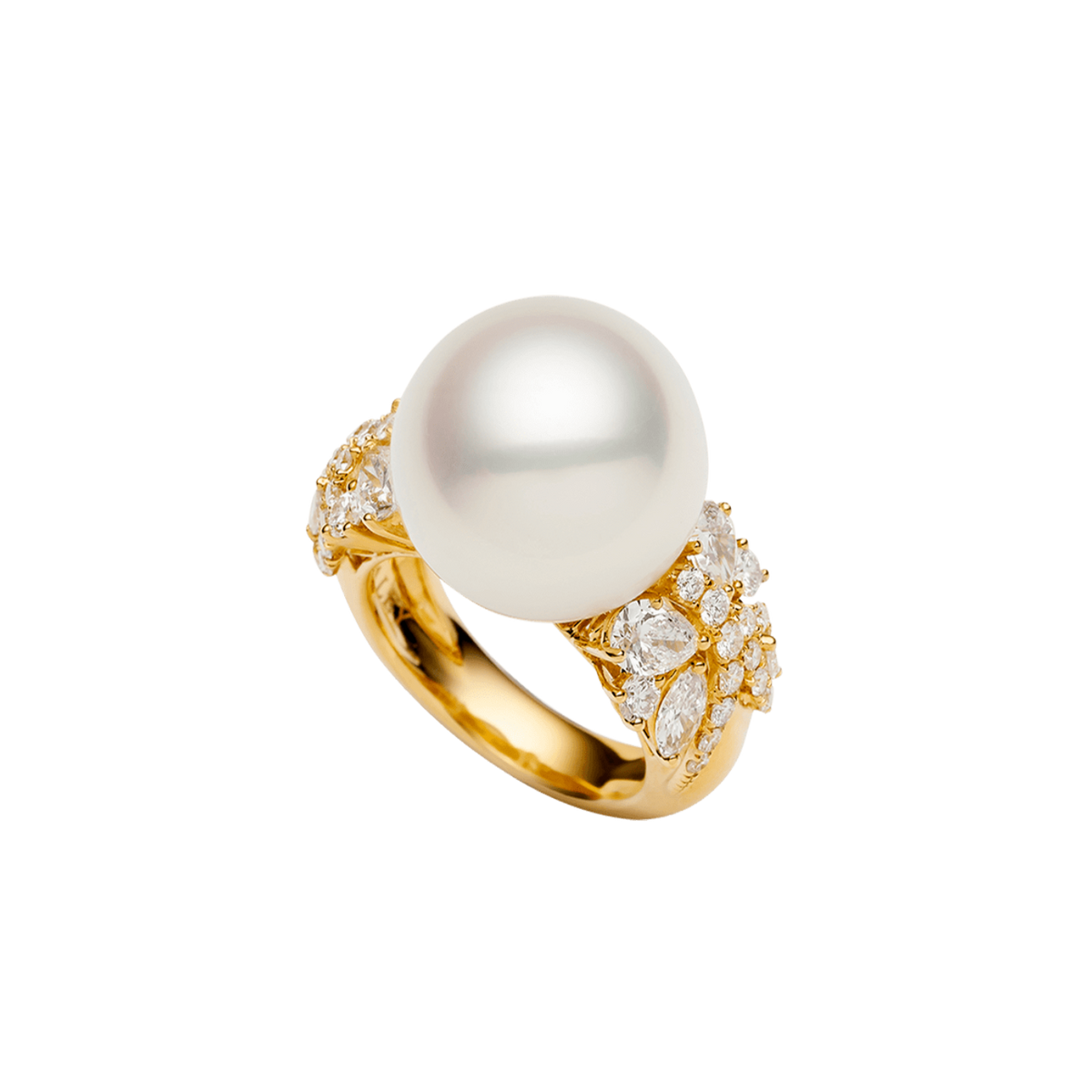 Diamond Dragonfly Pearl Ring | 15mm Round Pearl, Diamonds, and Yellow