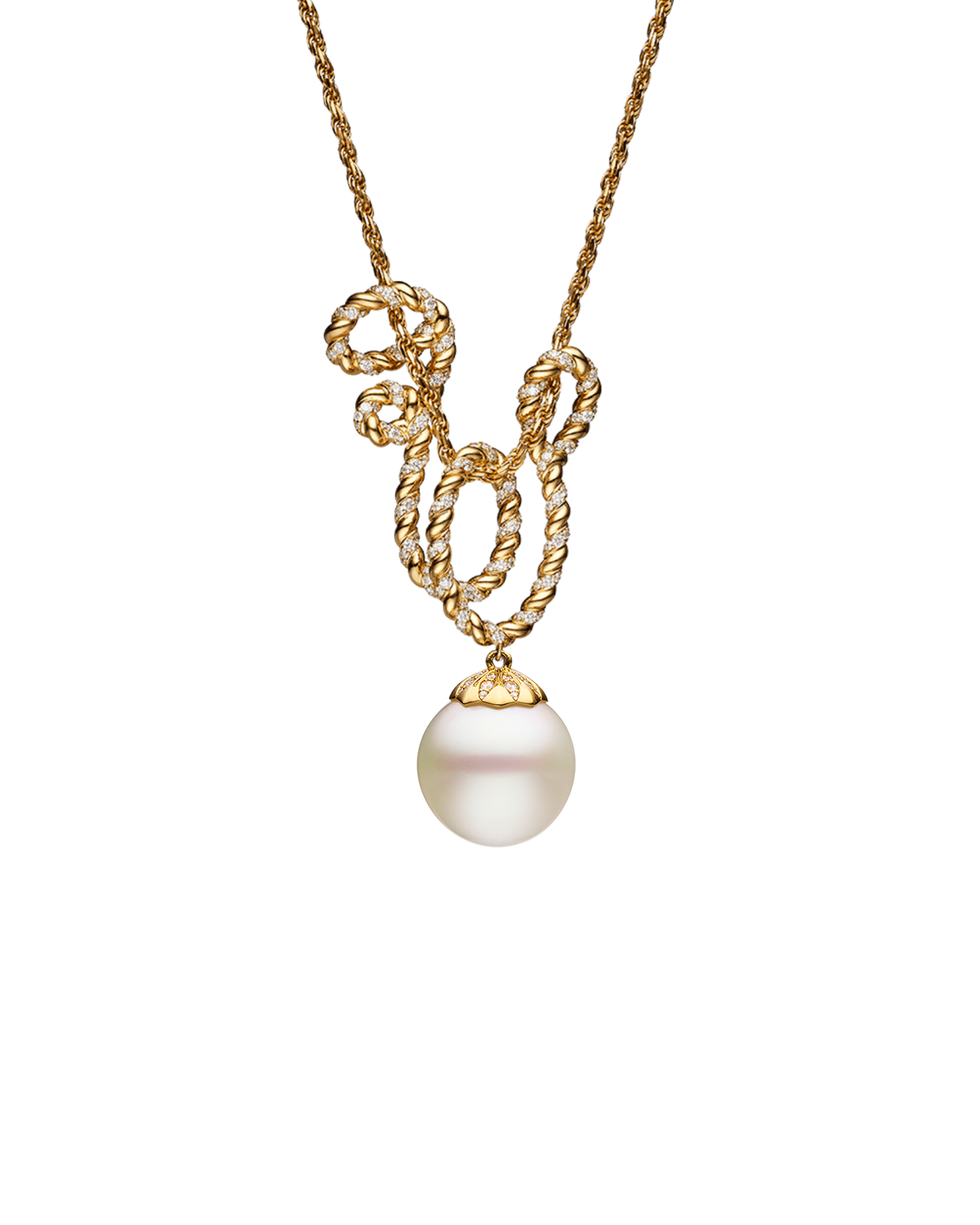 Diamond Entwined Rope Pearl Pendant | 16mm Semi-Round Pearl, Diamonds,