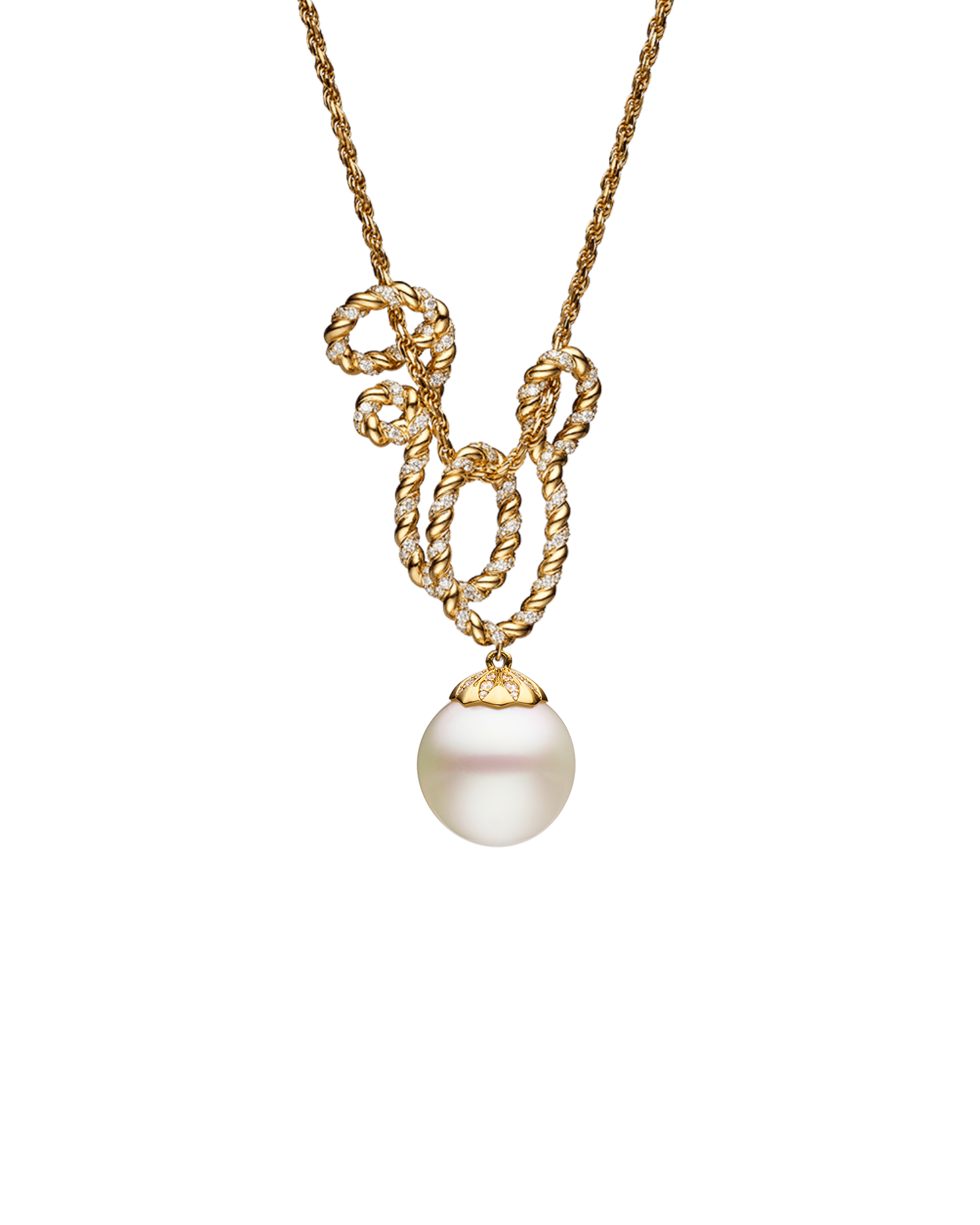 Diamond Entwined Rope Pearl Pendant | 16mm Oval Pearl, Diamonds, and Yellow Gold 1