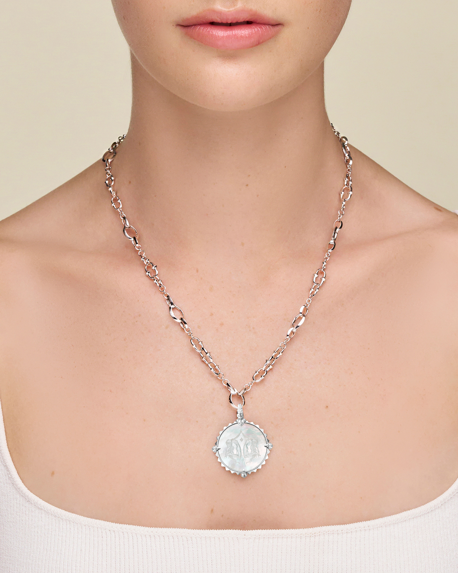 Gemini Coin Charm | Mother of Pearl, Diamonds, and White Gold