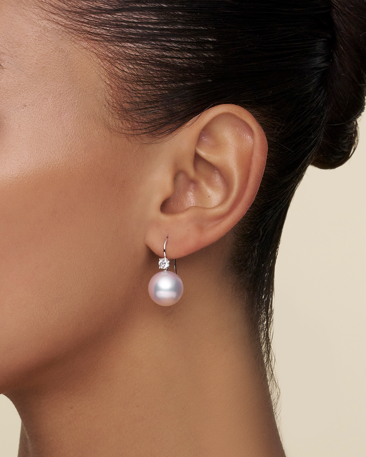 Grace Pearl Earrings 13 Round Pearls Diamonds and White Gold on body c00e45wpr13
