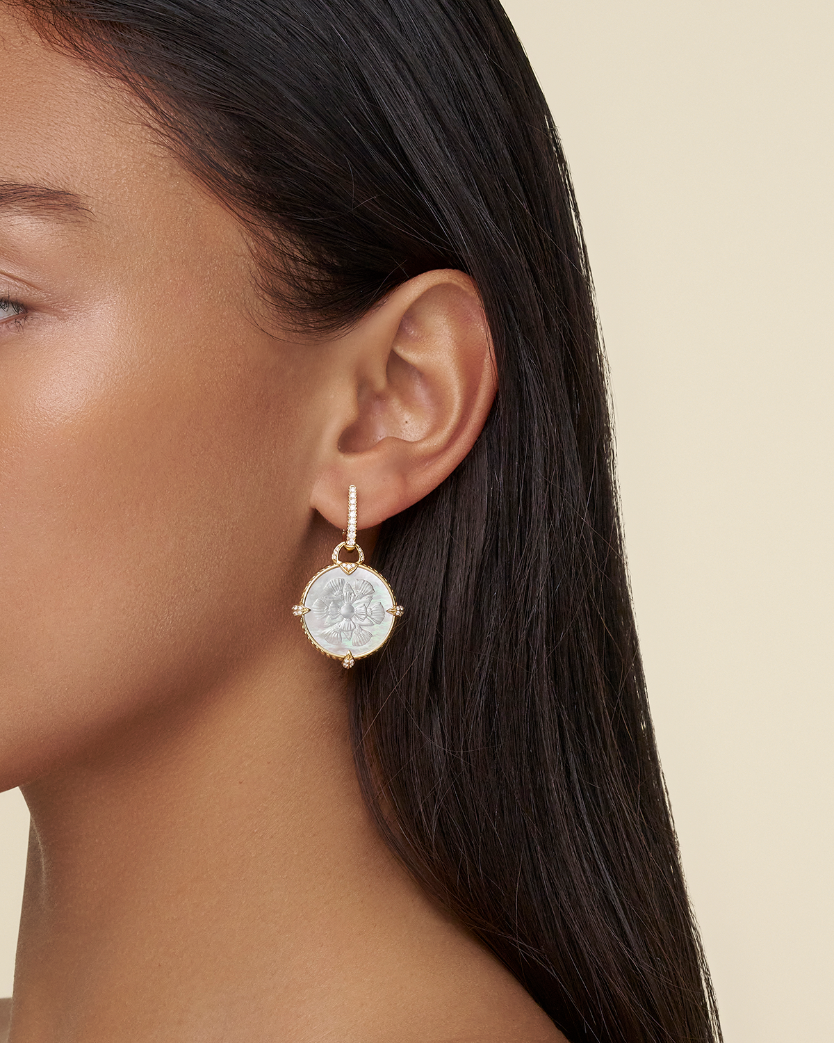 Diamond Coin Charm Earrings | Mother of Pearl, Diamonds, and Yellow Gold