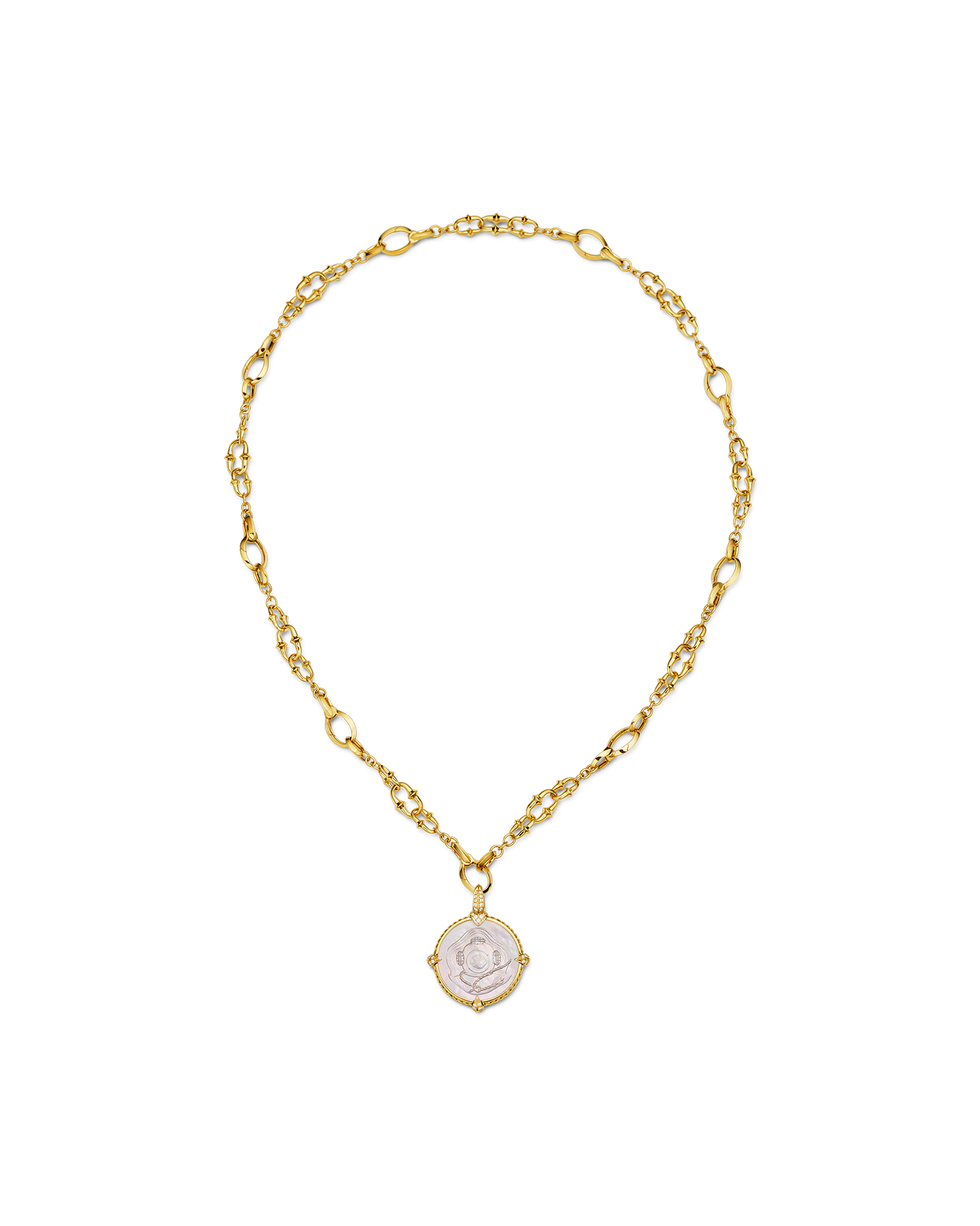Coin Charm Necklace | Mother of Pearl, Diamonds, and Yellow Gold