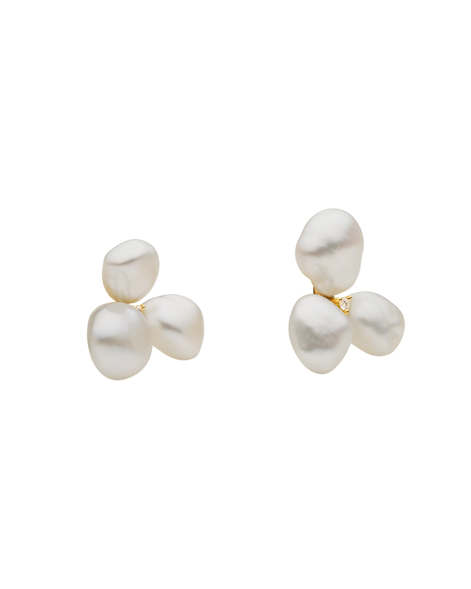 Diamond Triple Keshi Pearl Stud Earrings | 7-9mm Keshi Baroque Pearls, Diamonds, and Yellow Gold