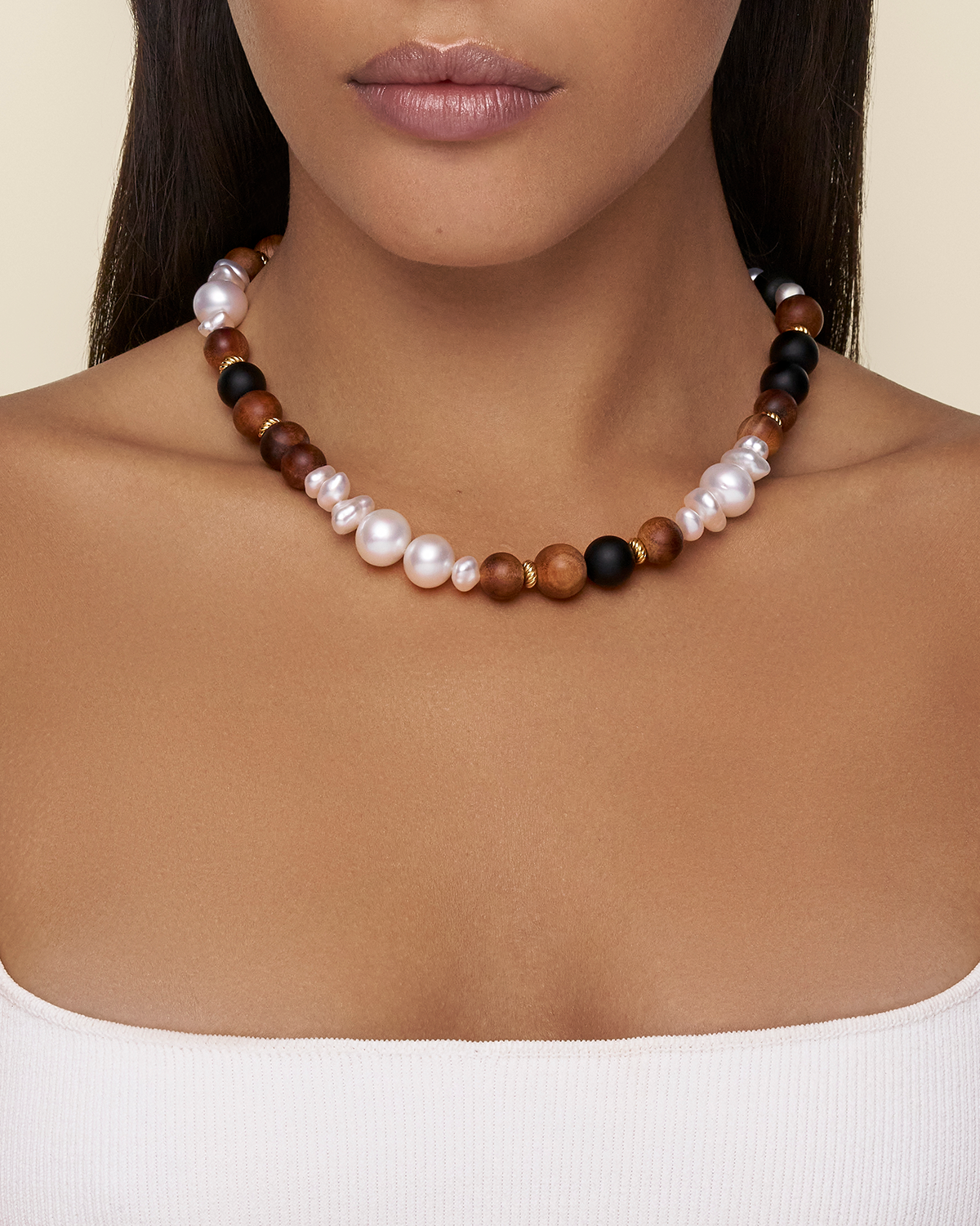 Kimberley Golden Dusk Keshi Pearl Choker Necklace Pearls Sandalwood and Yellow Gold On Body csrc32dmx