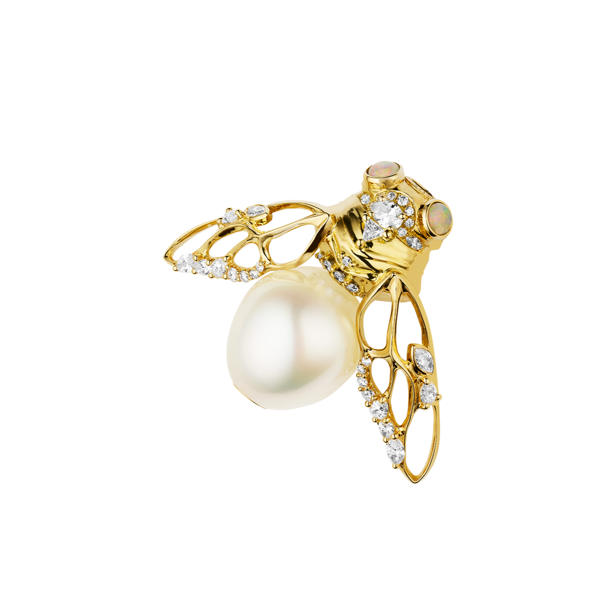 Lacewing Cicada Pearl Clasp | 12mm Drop Pearl, Diamond, and Yellow Gol