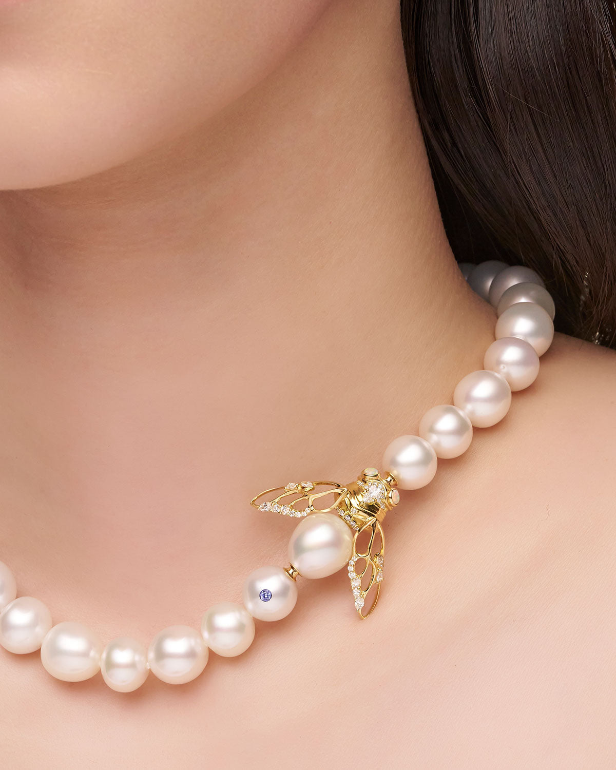 Lacewing Cicada Pearl Clasp | 12mm Drop Pearl, Diamond, and Yellow Gol