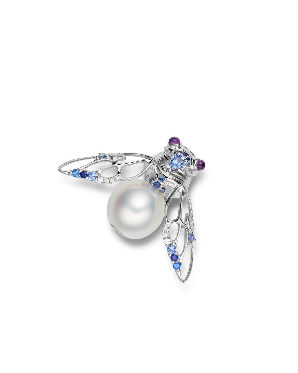 Blue Moon Cicada Clasp | 12mm Oval Pearl, Blue Sapphire, and White Gold